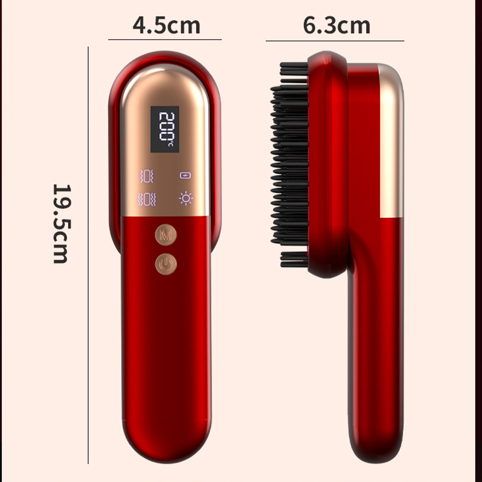 Roter und goldener Haarglätter mit Digitalanzeige und abgebildeten Abmessungen.