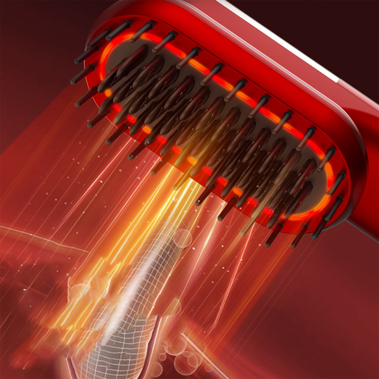 Roter Haartrockner mit Heißluft-Effekt. Die Düse des Trockners ist der Mittelpunkt, mit roten und gelben Lichtstrahlen.