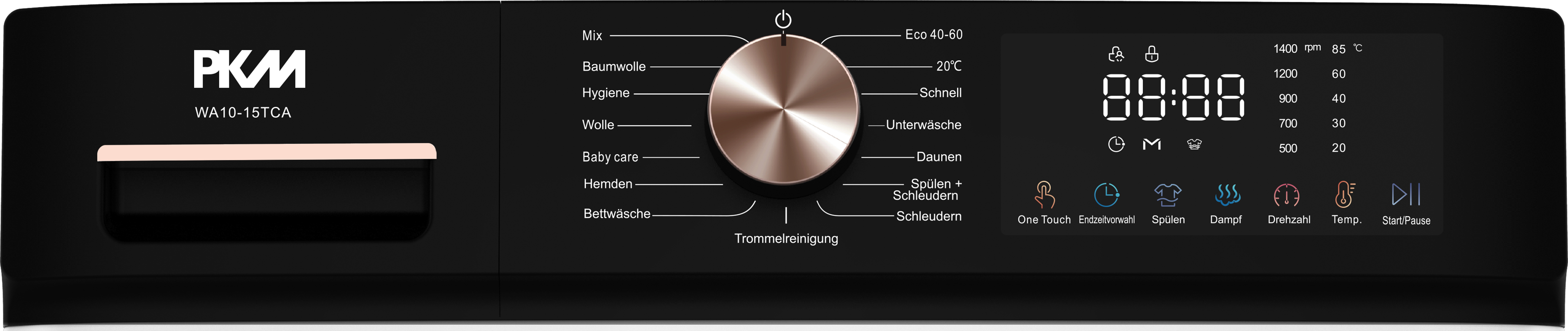 Eine schwarze Waschmaschinen-Bedienblende. Sie hat einen Drehregler und ein digitales Display.