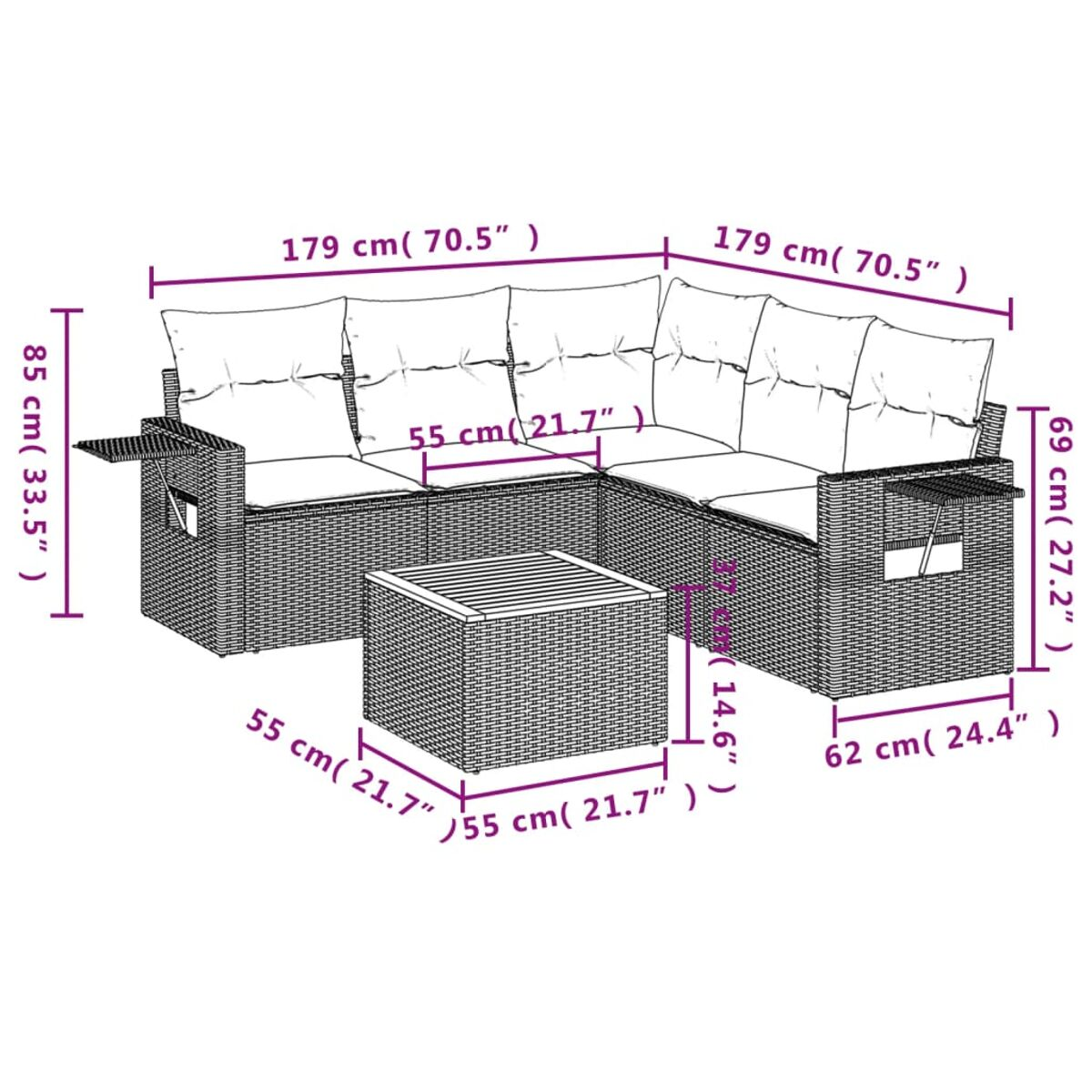 Ein L-förmiges Outdoor-Sofaset mit Kissen. Die Abmessungen sind in Zentimetern angegeben.
