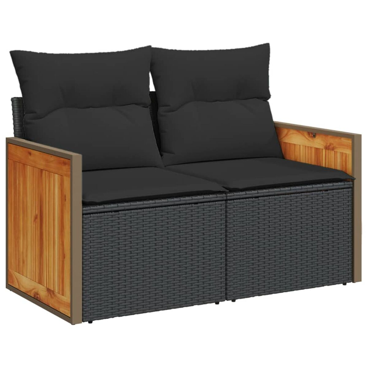 Divano da esterno a due posti con cuscini grigio scuro e braccioli in legno. Struttura in stile rattan.