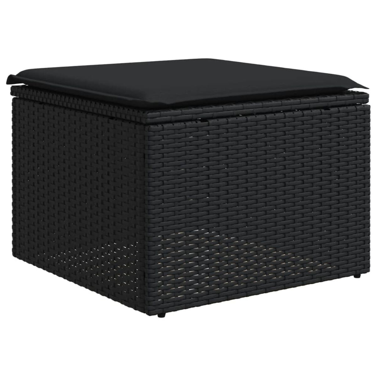 Cubo in rattan nero con cuscino nero sopra.