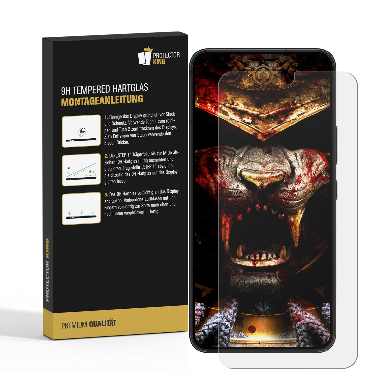 Telefonbildschirm mit Monsterbild, neben einer Box. Anweisungen auf der Box in Deutsch.