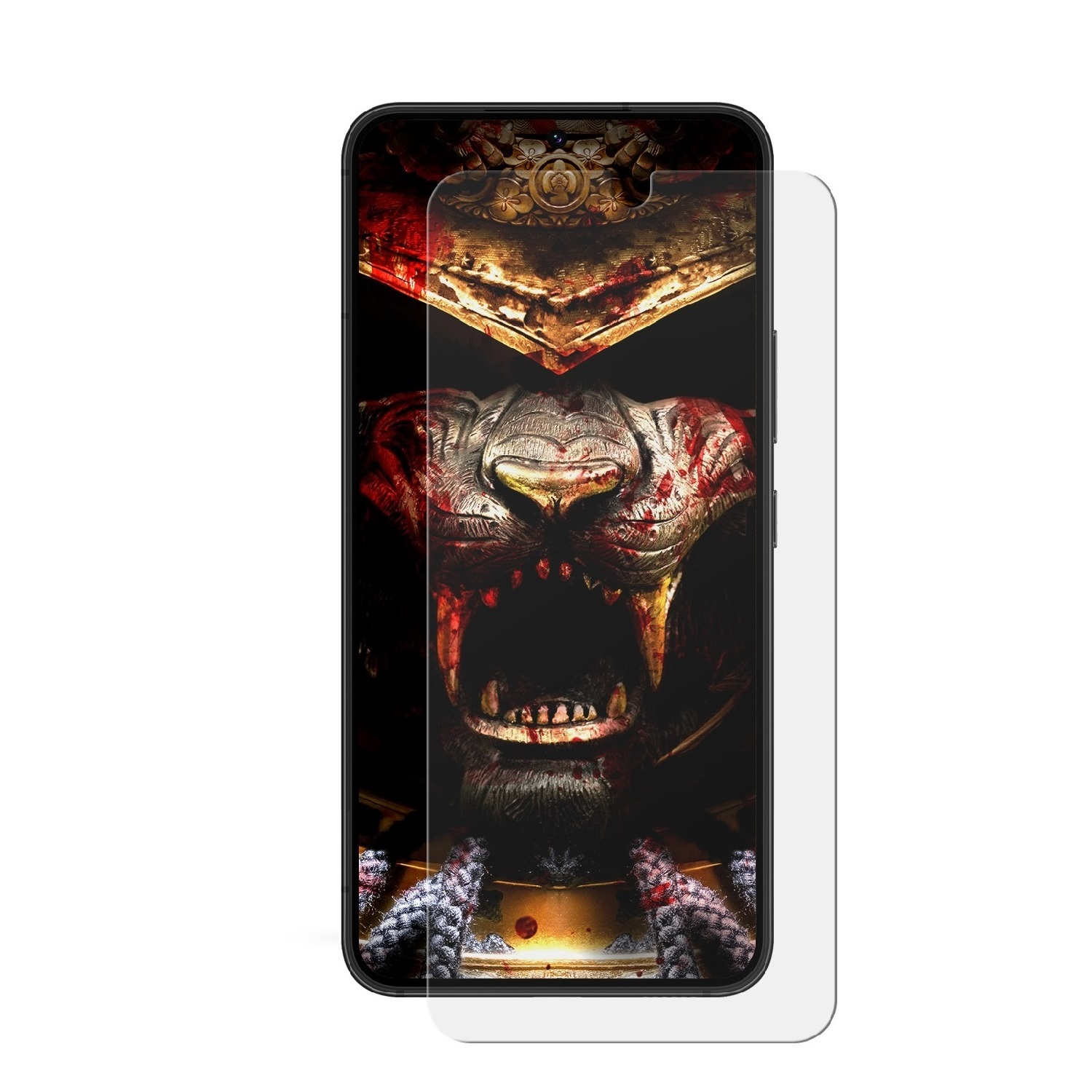 Ein Smartphone mit Displayschutzfolie. Der Bildschirm zeigt ein Monstergesicht mit Blut.