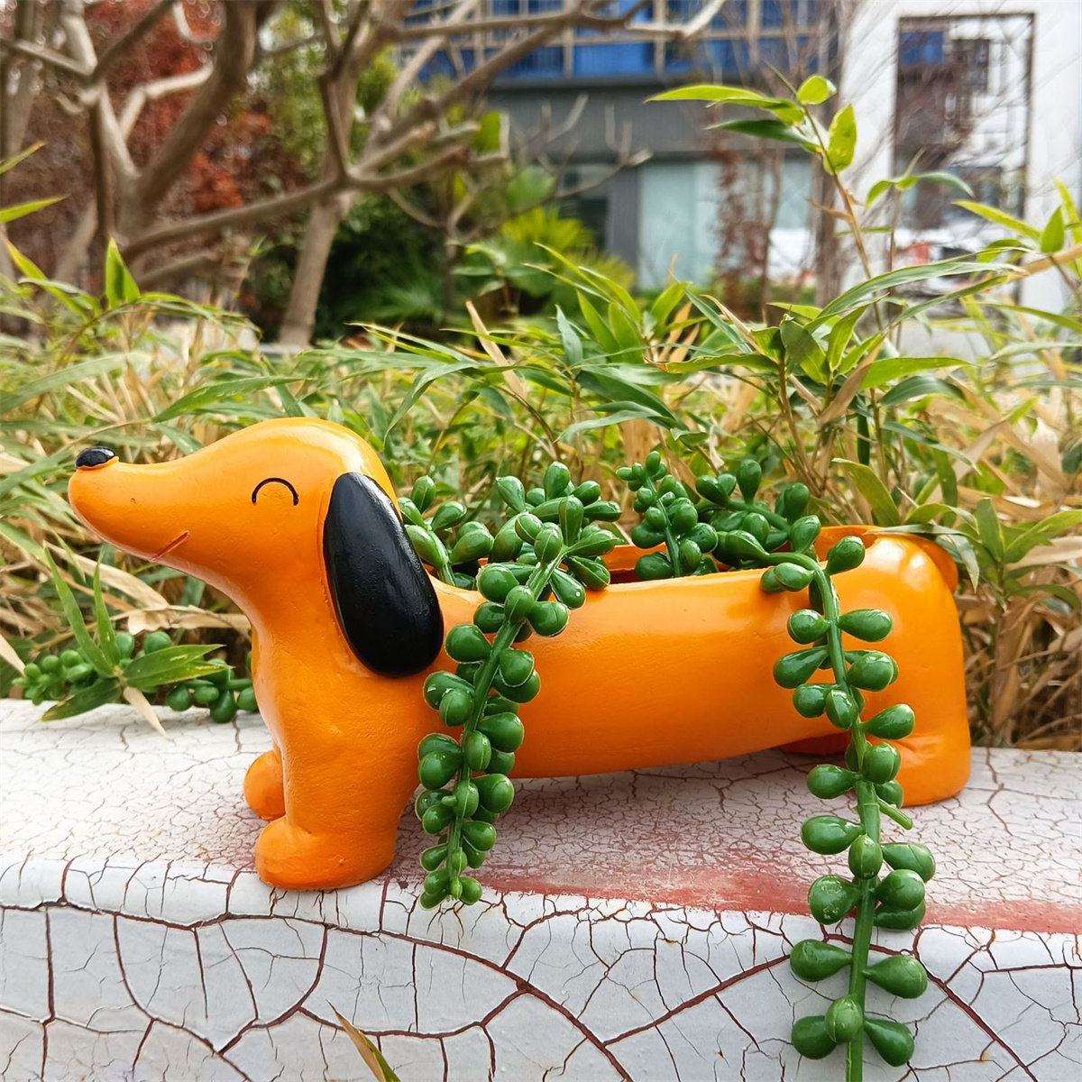 Ein orangefarbener Dackel-Blumentopf mit grünen Pflanzen. Er steht auf einer rissigen Oberfläche mit Grün im Hintergrund.
