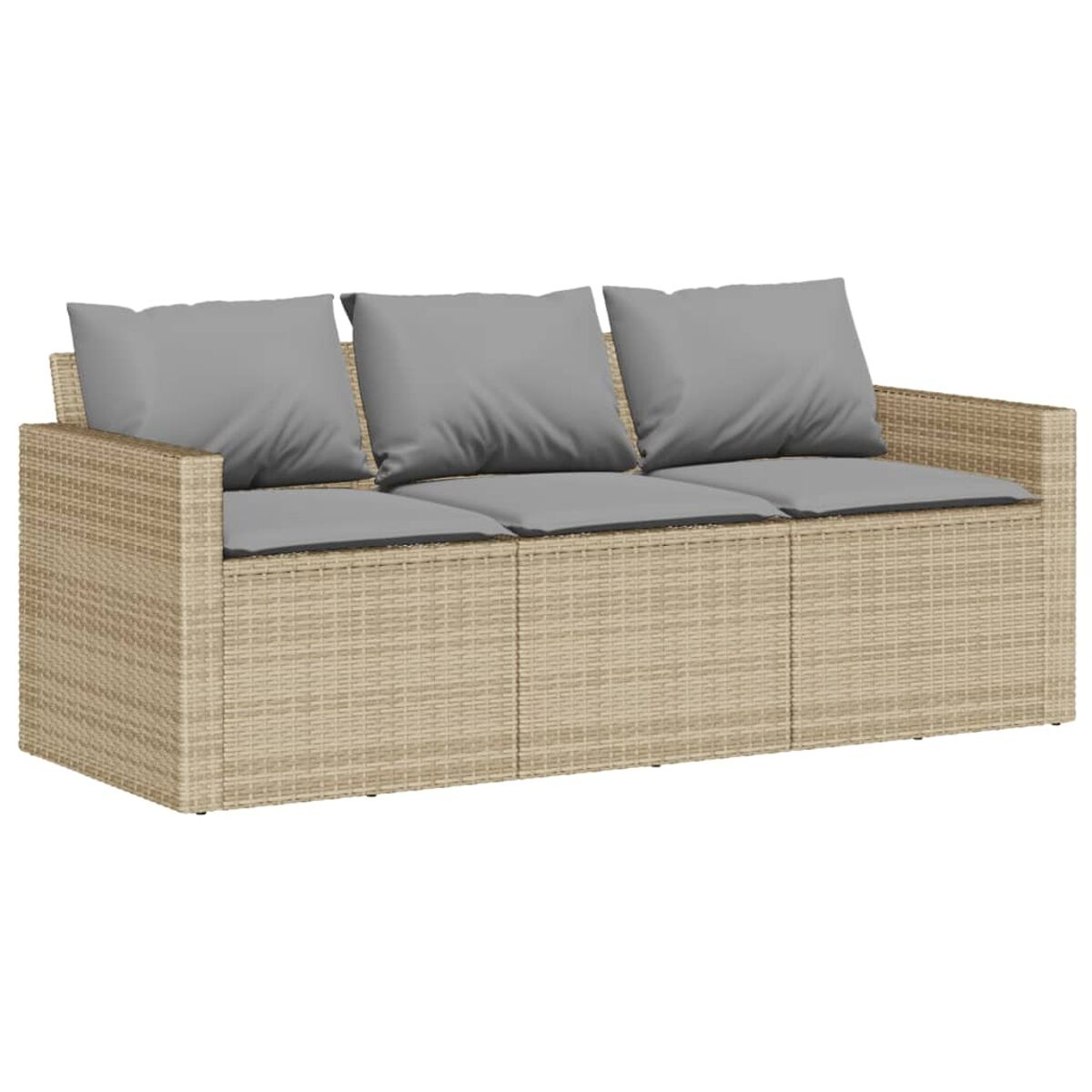 Beiges Korbmöbel-Sofa mit grauen Kissen. Drei Kissen auf Sitz und Rücken.