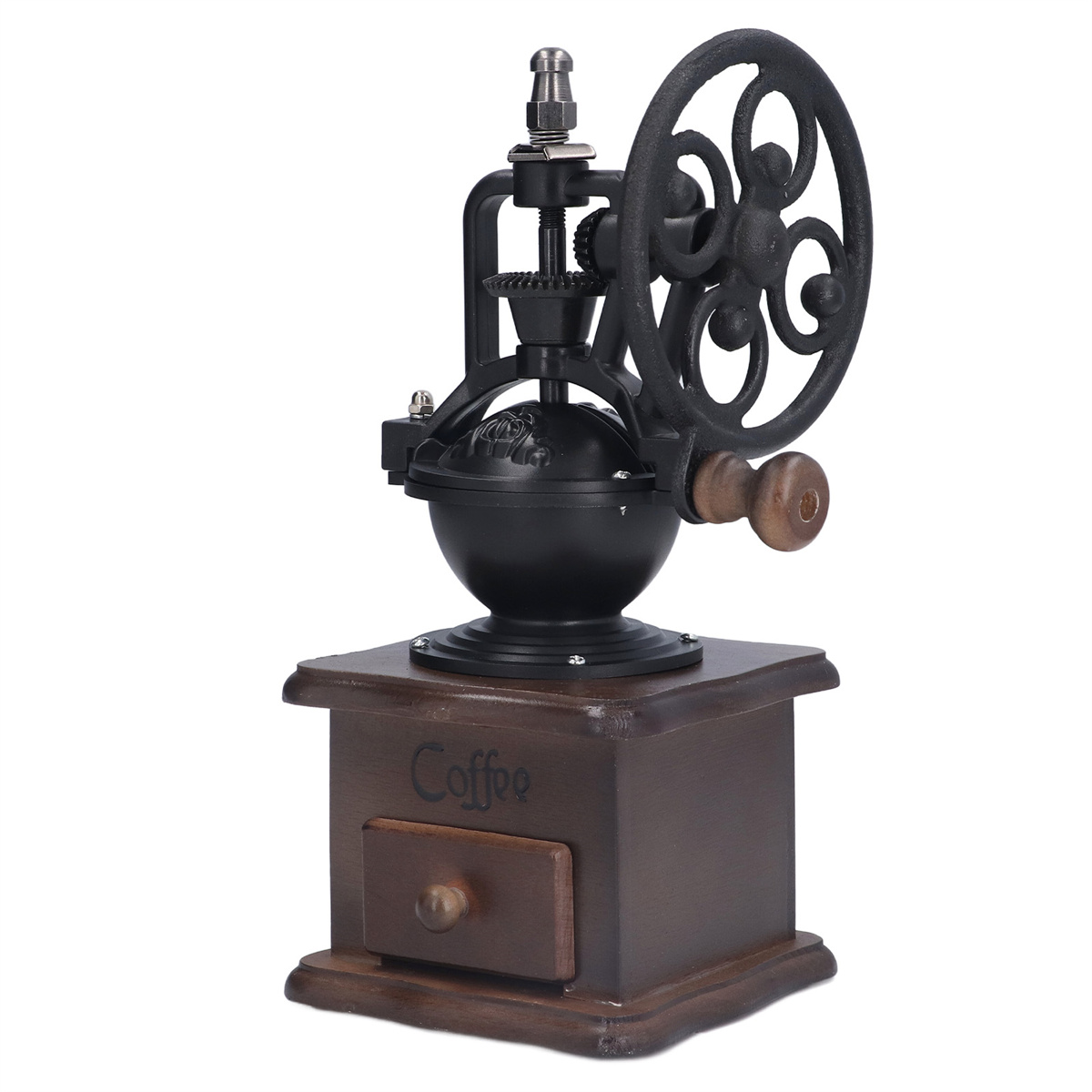 Vintage Kaffeemühle auf Holzsockel. Schwarze Metallmühle mit Griff.