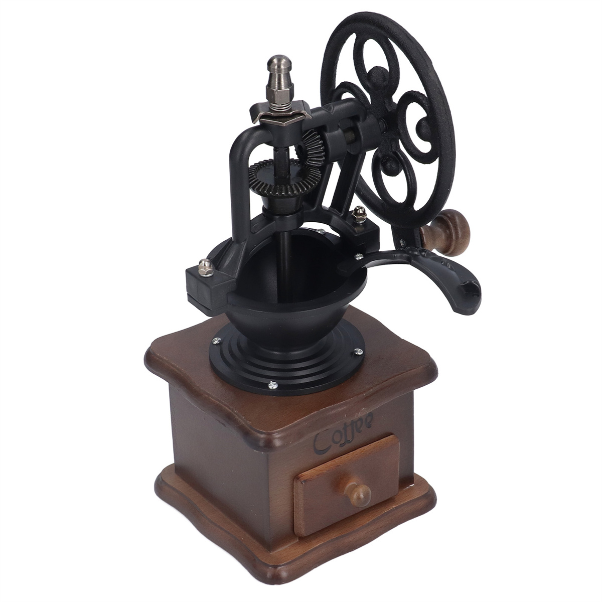 Vintage Kaffeemühle, Holzsockel, Metallteile und ein Mahlrad.