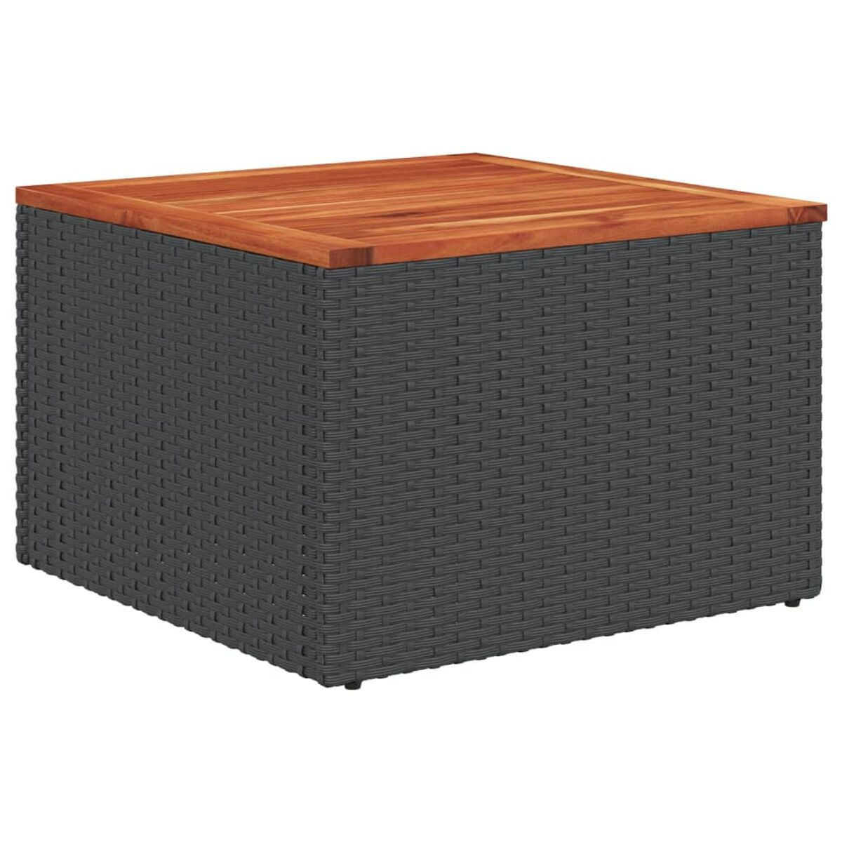 Tavolino quadrato con base intrecciata grigia e piano in legno.