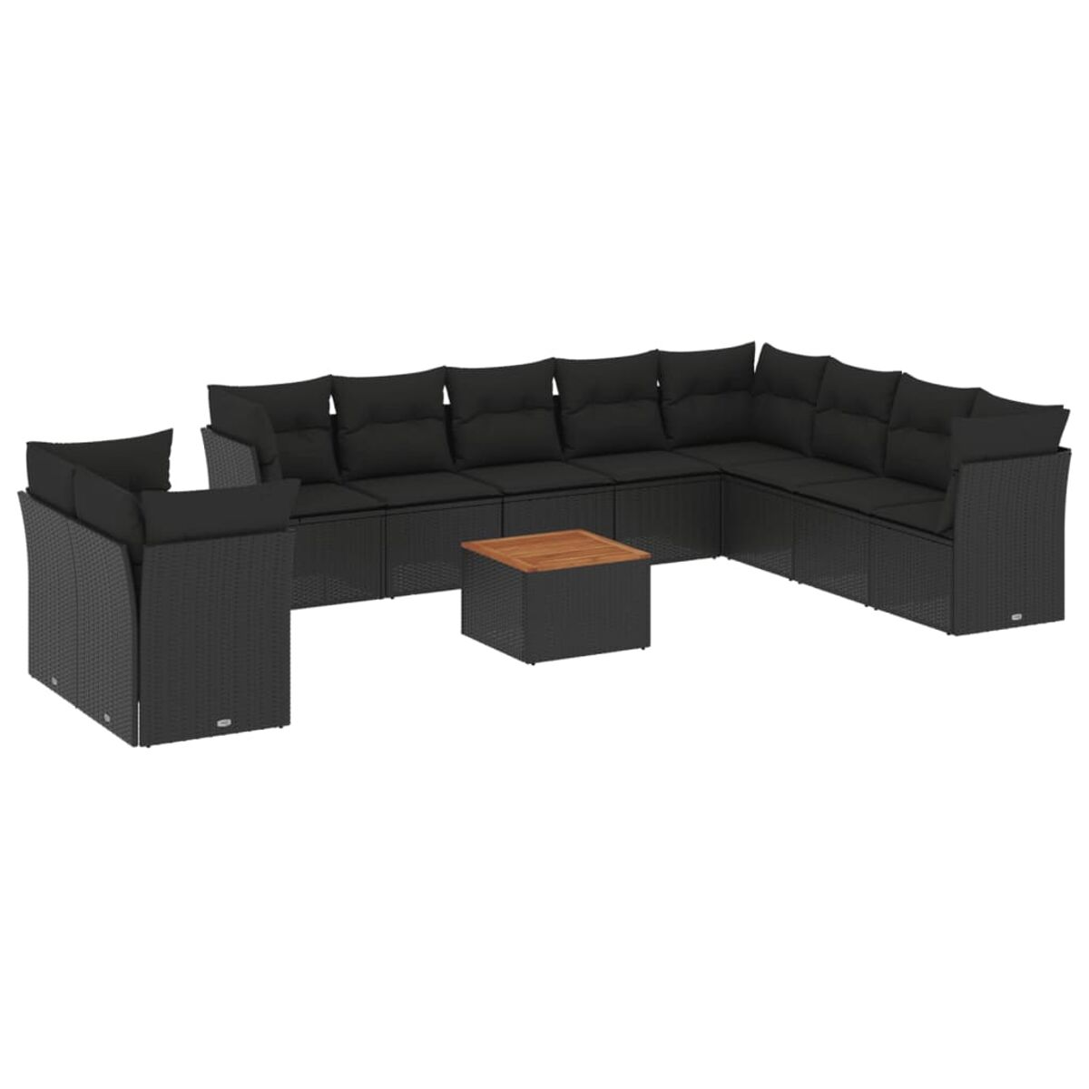 Set divani da esterno in vimini nero con tavolo in legno, su sfondo bianco.