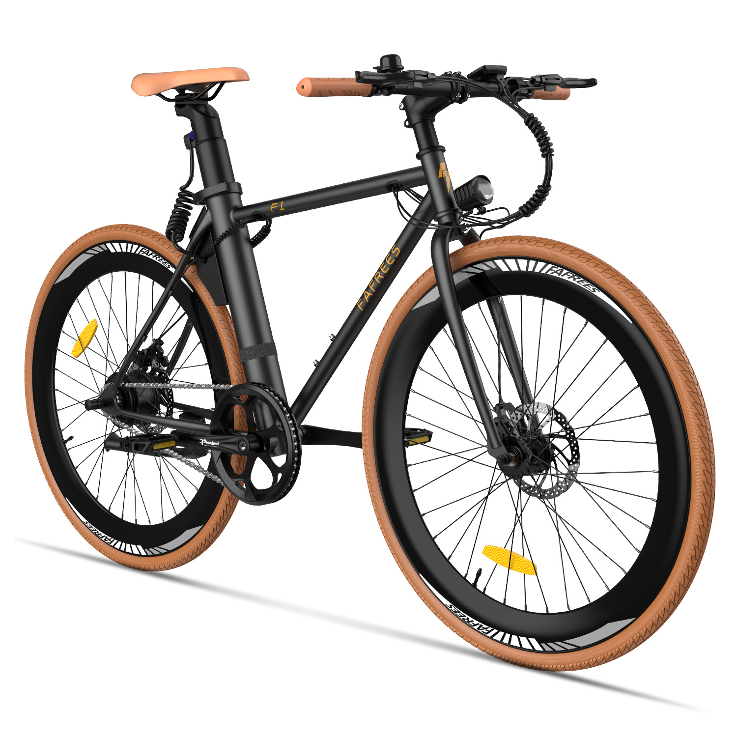 Bicicletta elettrica nera con pneumatici marroni, sella beige e telaio nero.
