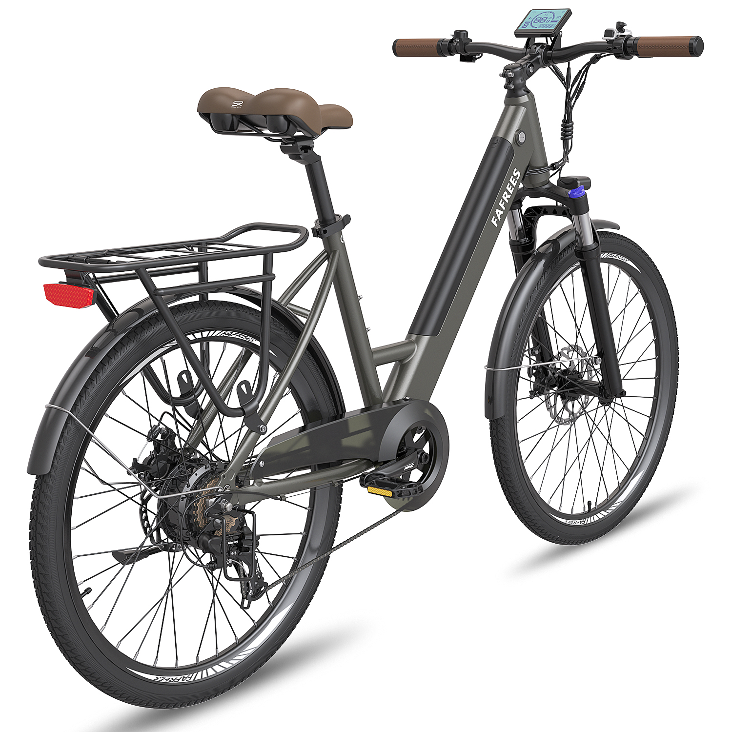 Bicicleta eléctrica gris con asiento y manillar marrones.