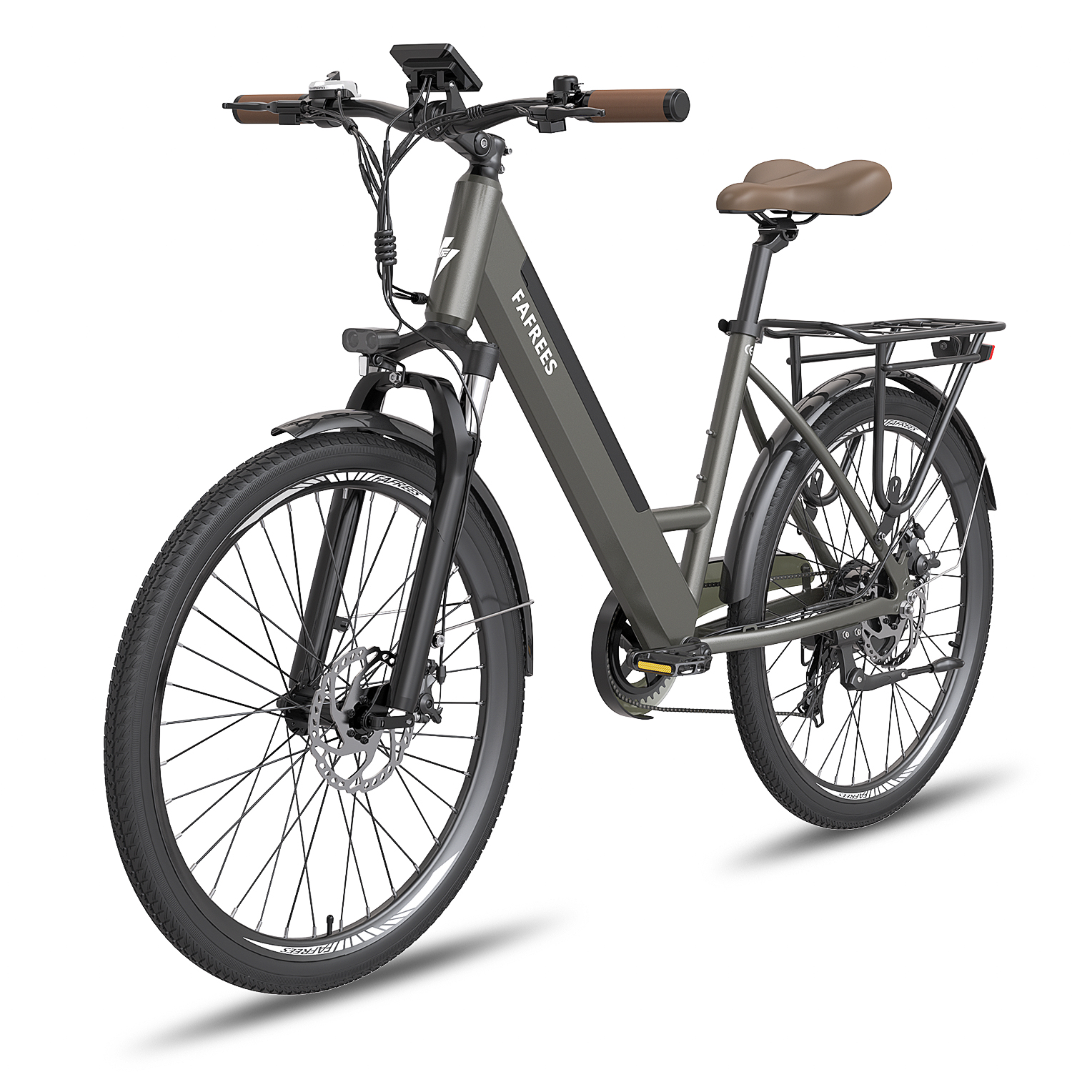 Bicicleta eléctrica gris. La bicicleta tiene asiento y manillar marrones.
