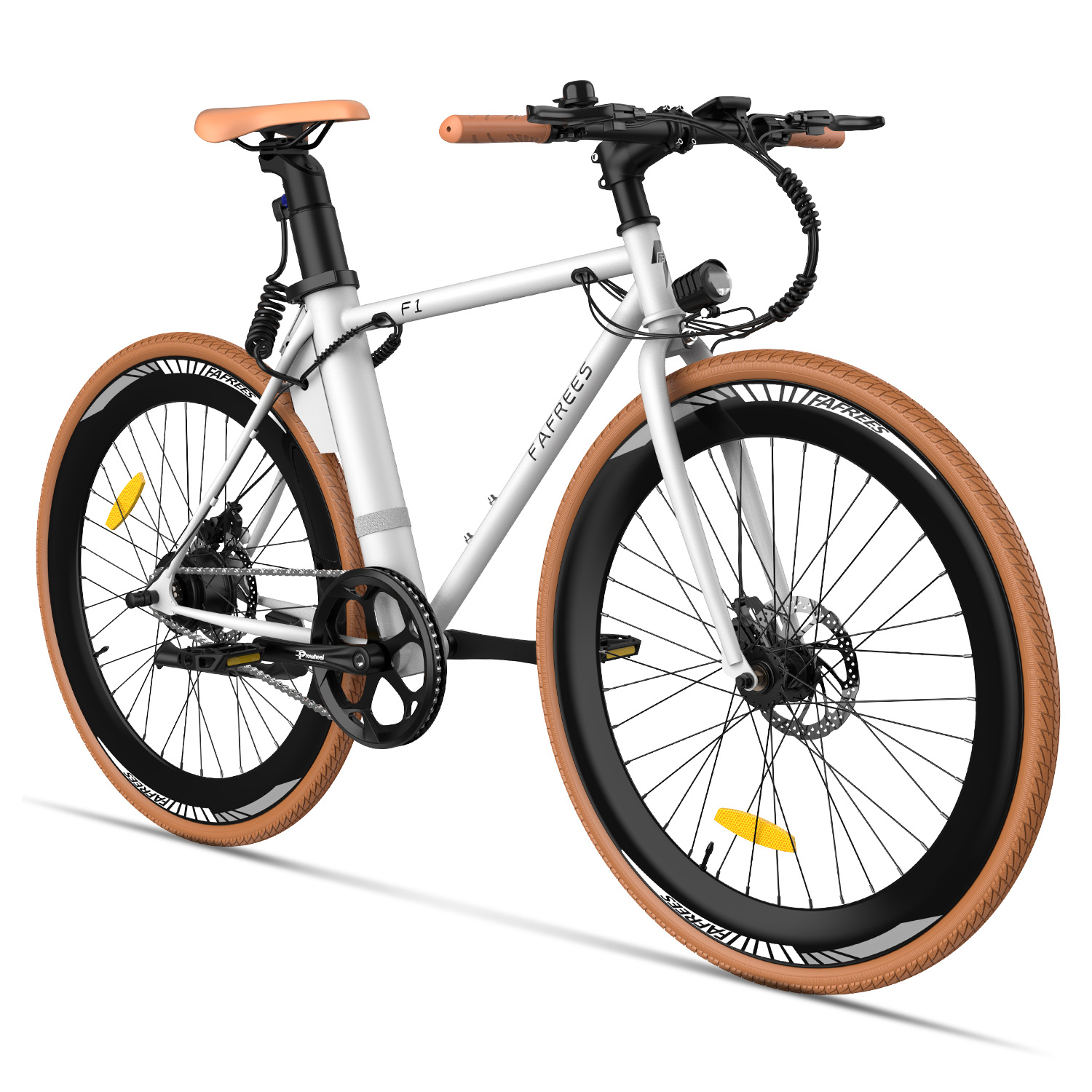 Bicicletta elettrica bianca con pneumatici e sella marroni. Anche il manubrio è marrone.
