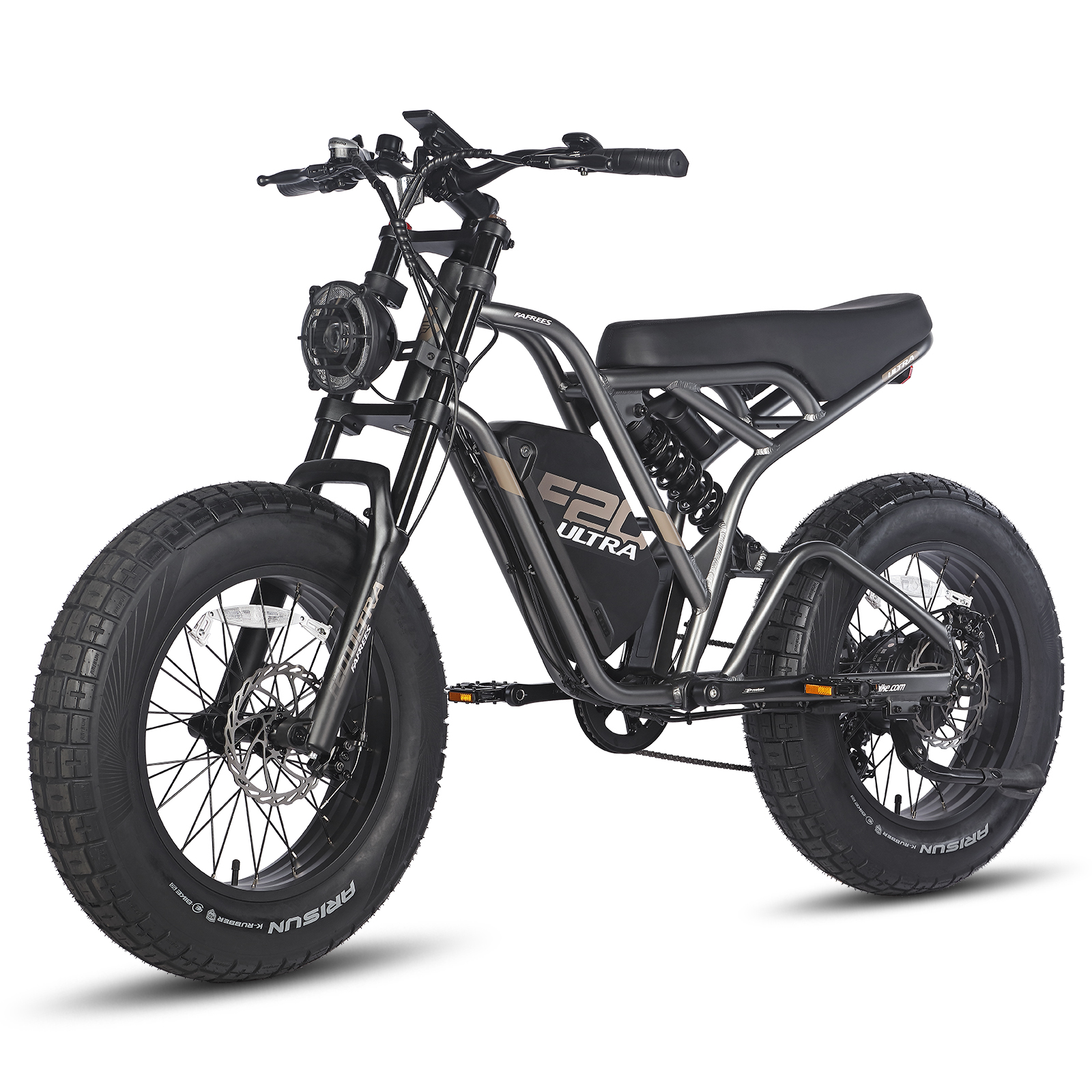 Motocicleta eléctrica gris. Neumáticos negros. Fondo blanco.
