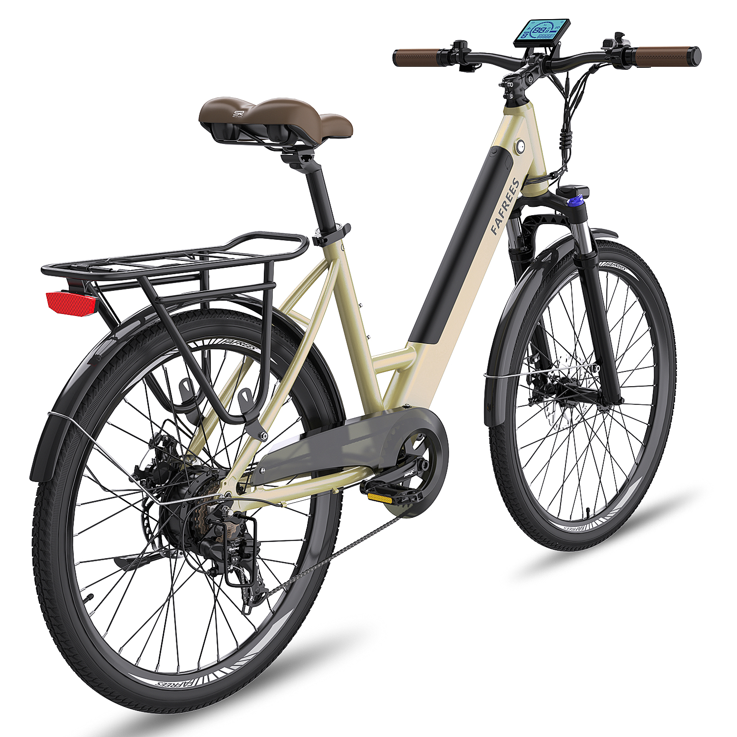 Bicicleta eléctrica color canela con asiento y manillar marrones, neumáticos negros, fondo blanco.