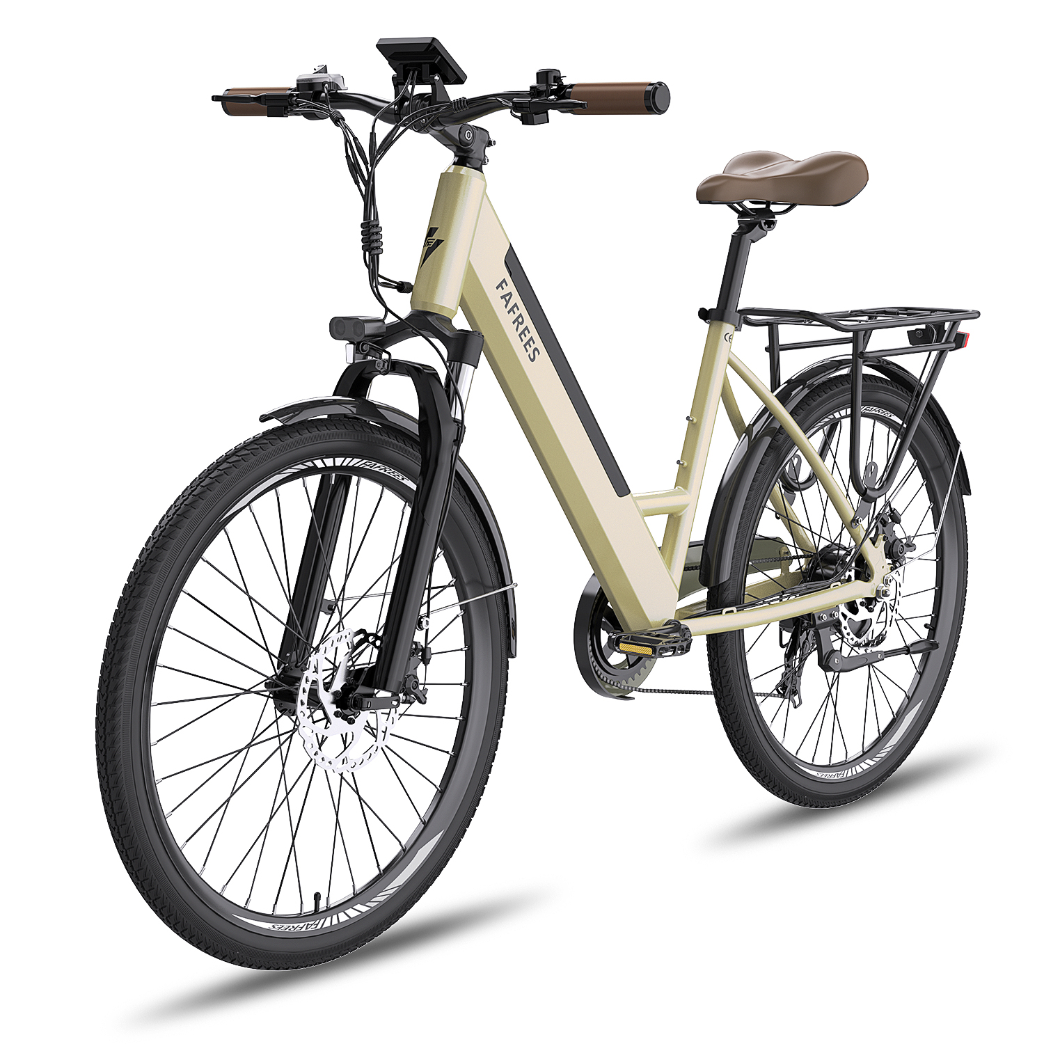 Una bicicleta eléctrica, verde oliva, sobre fondo blanco, con portaequipajes y neumáticos negros.