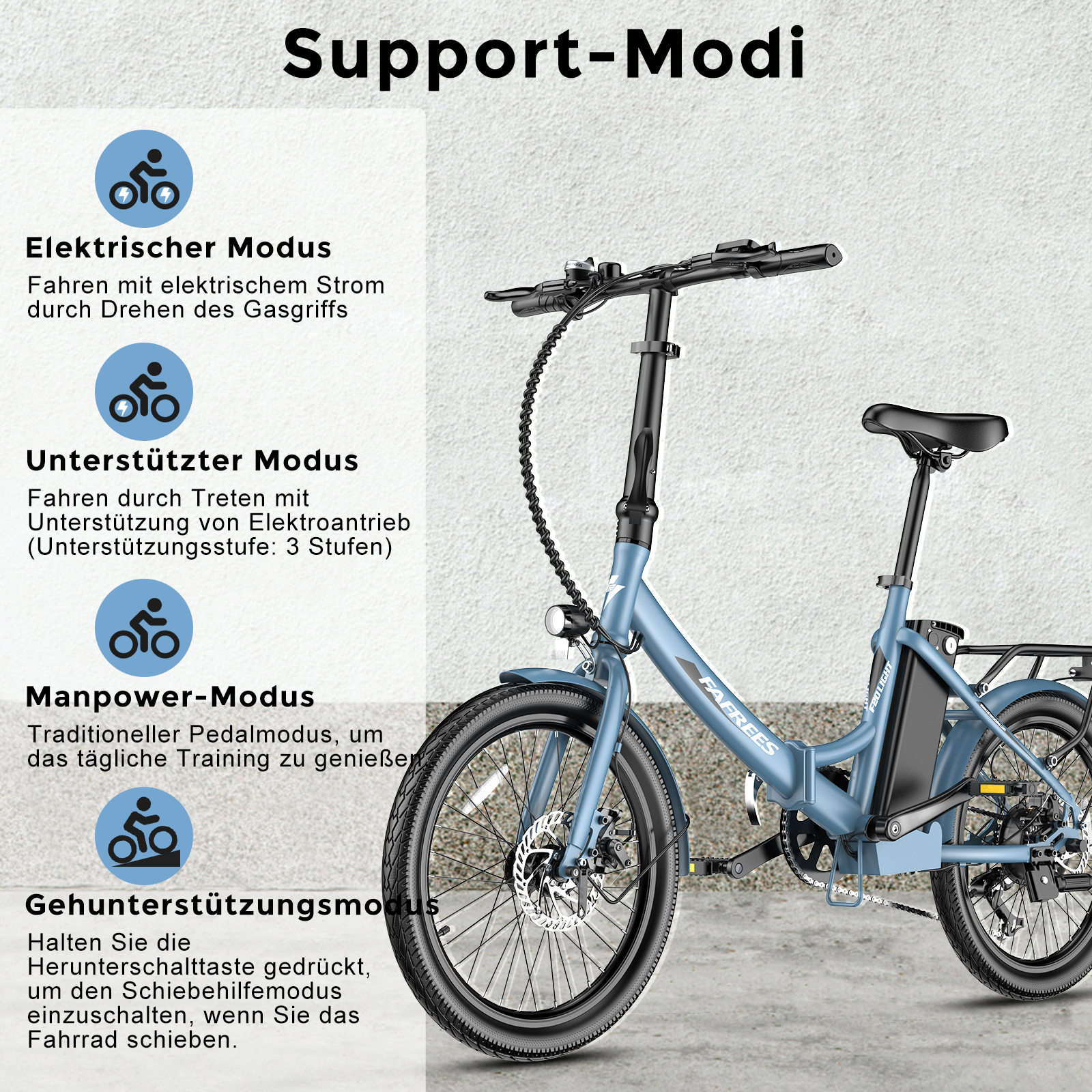 Blaues E-Bike mit Text, das Elektro-, Unterstützungs- und Pedalmodi veranschaulicht.