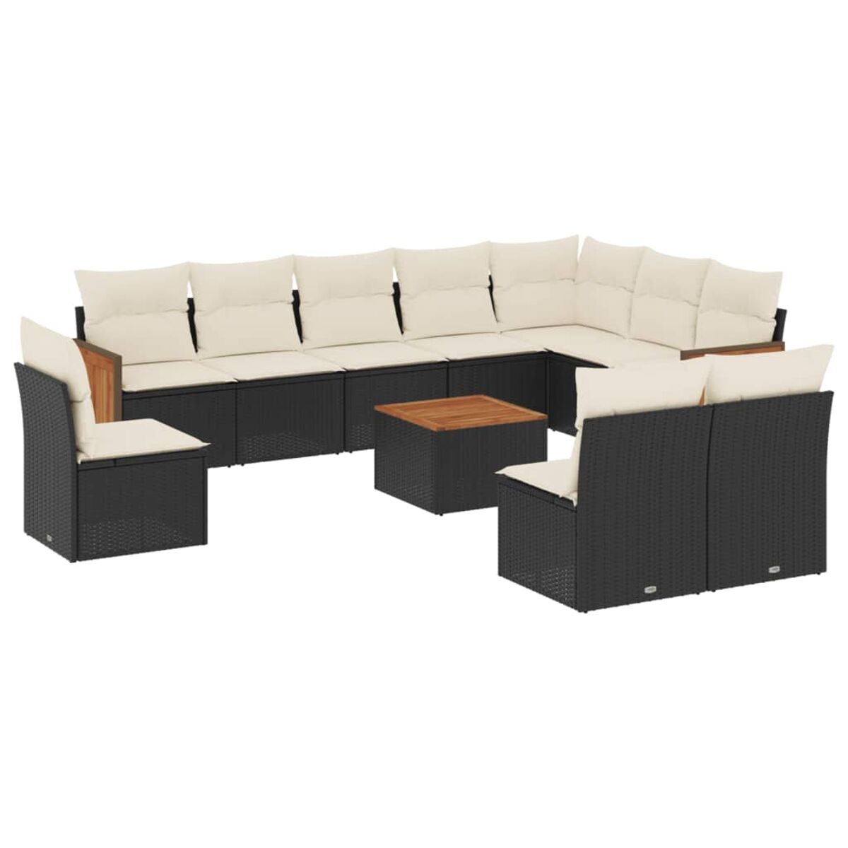 Set di mobili da esterno in vimini nero con cuscini beige e dettagli in legno.