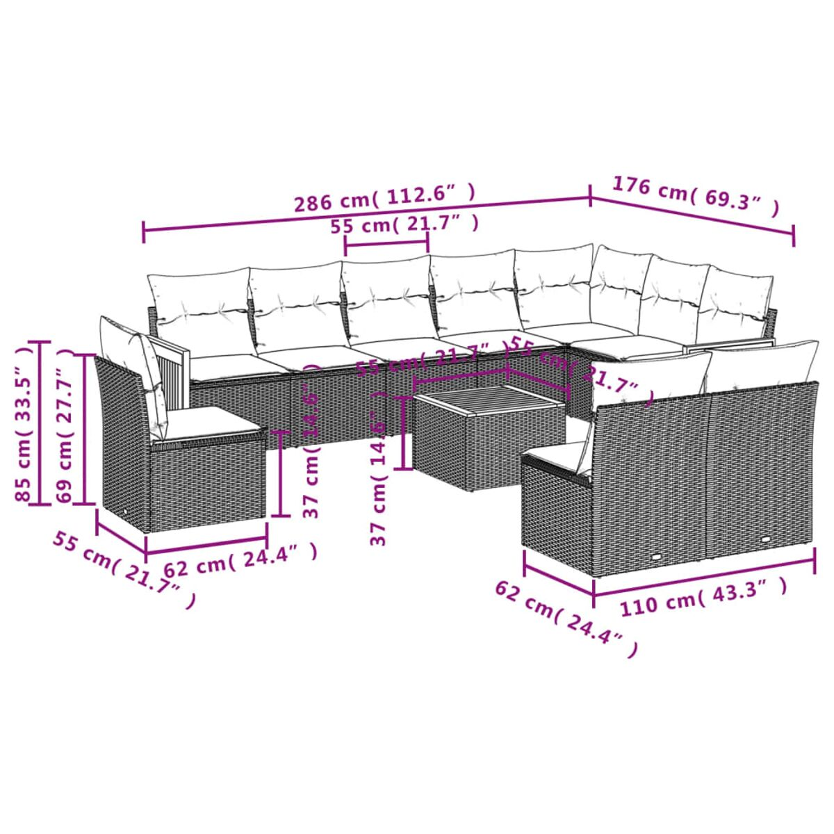 Un diagramma di un set di mobili da esterno in rattan nero con cuscini e dimensioni.