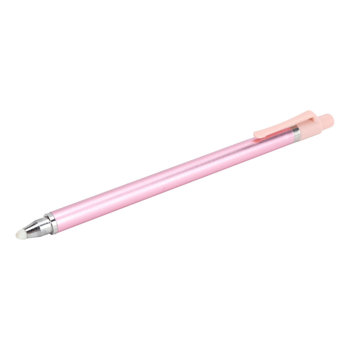 Ein rosa Stylus-Stift mit silberner Spitze und Clip. Er liegt auf einer weißen Oberfläche.