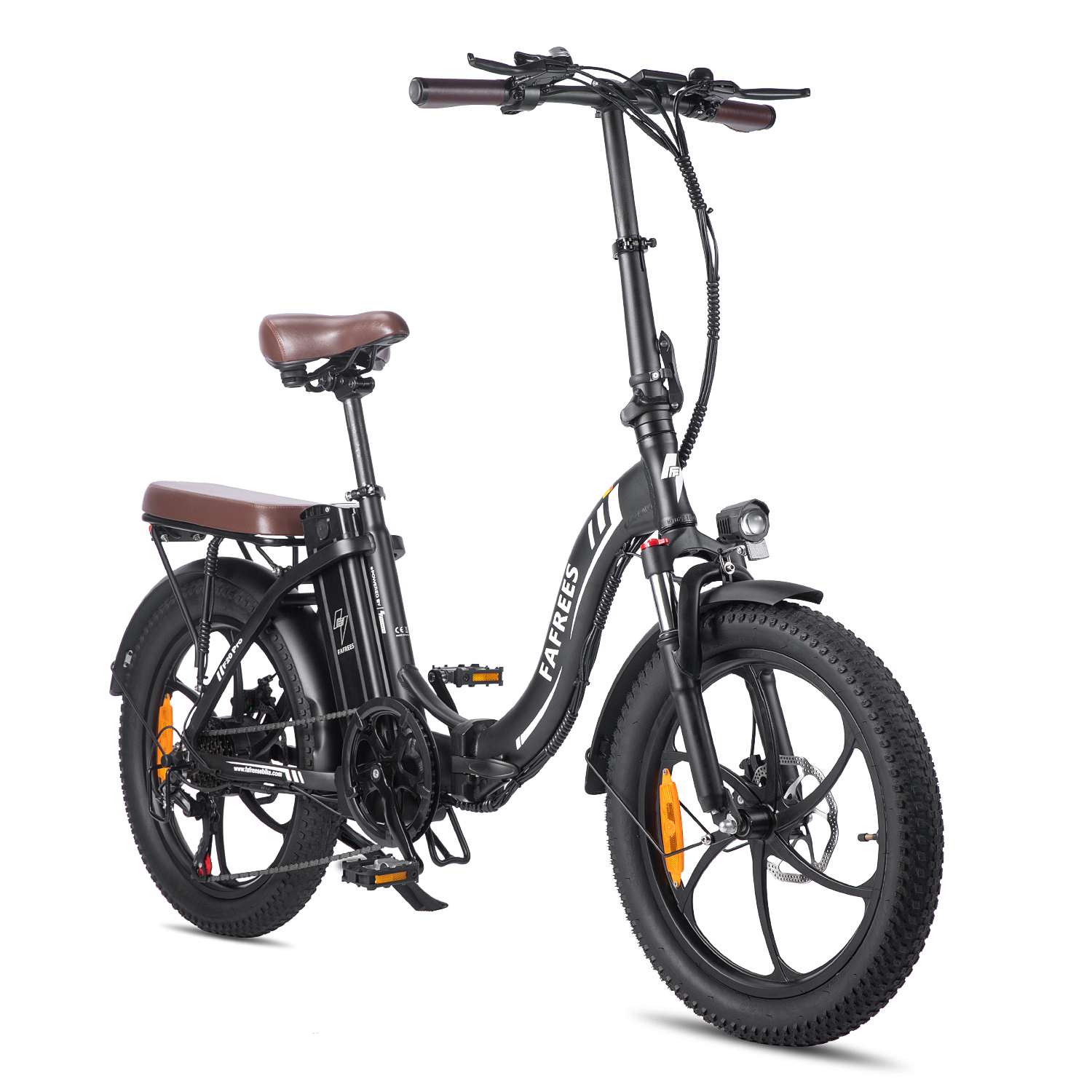 Schwarzes faltbares Elektrofahrrad, brauner Sitz, schwarze Reifen.