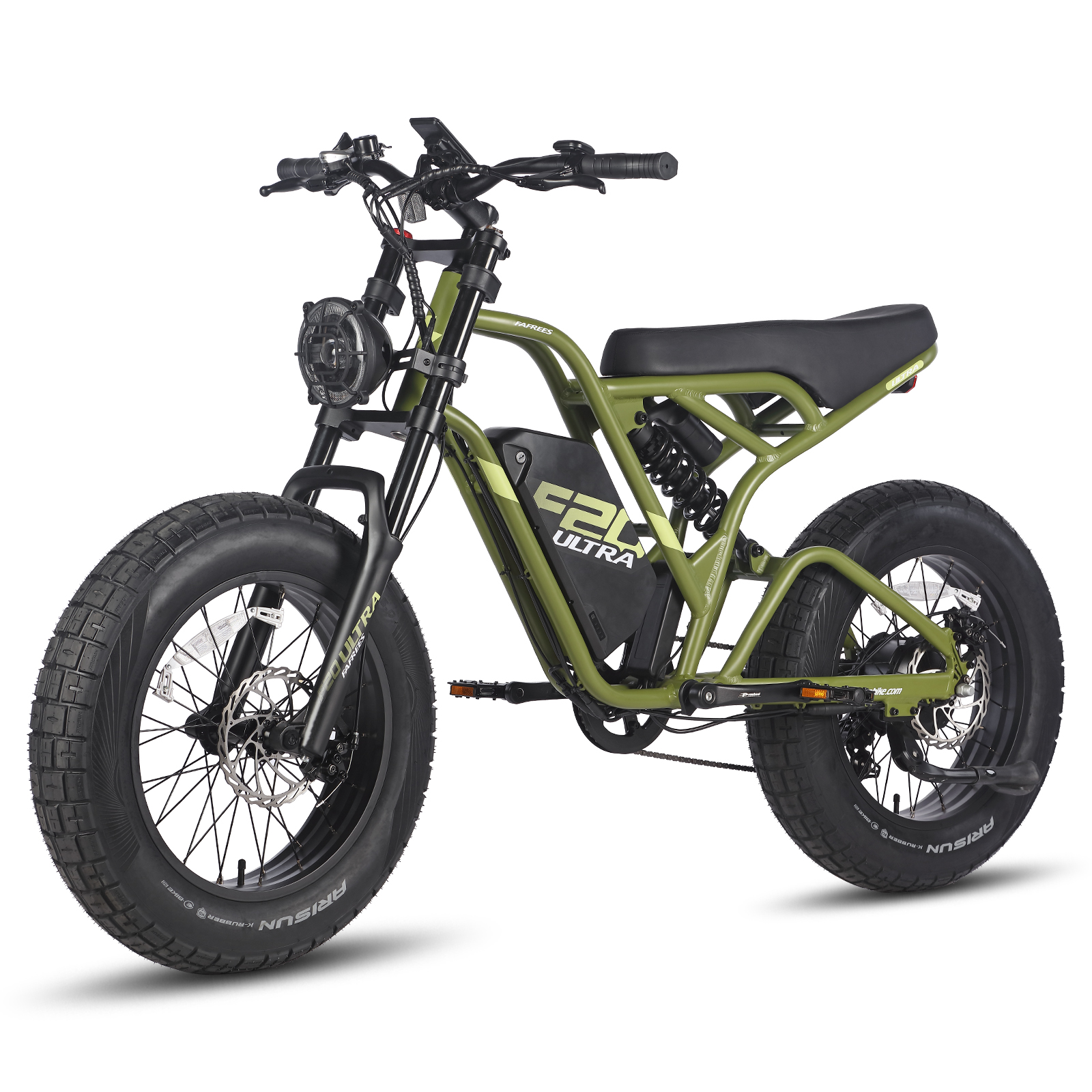 Bicicleta eléctrica verde con llantas anchas, faro delantero y asiento negro.