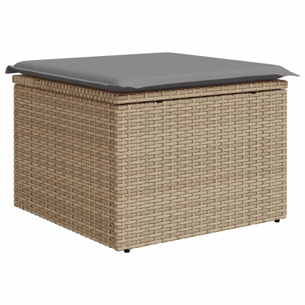 Wicker-Würfel mit grauem Kissen. Beiges Webmuster, quadratische Form, Kissen oben.