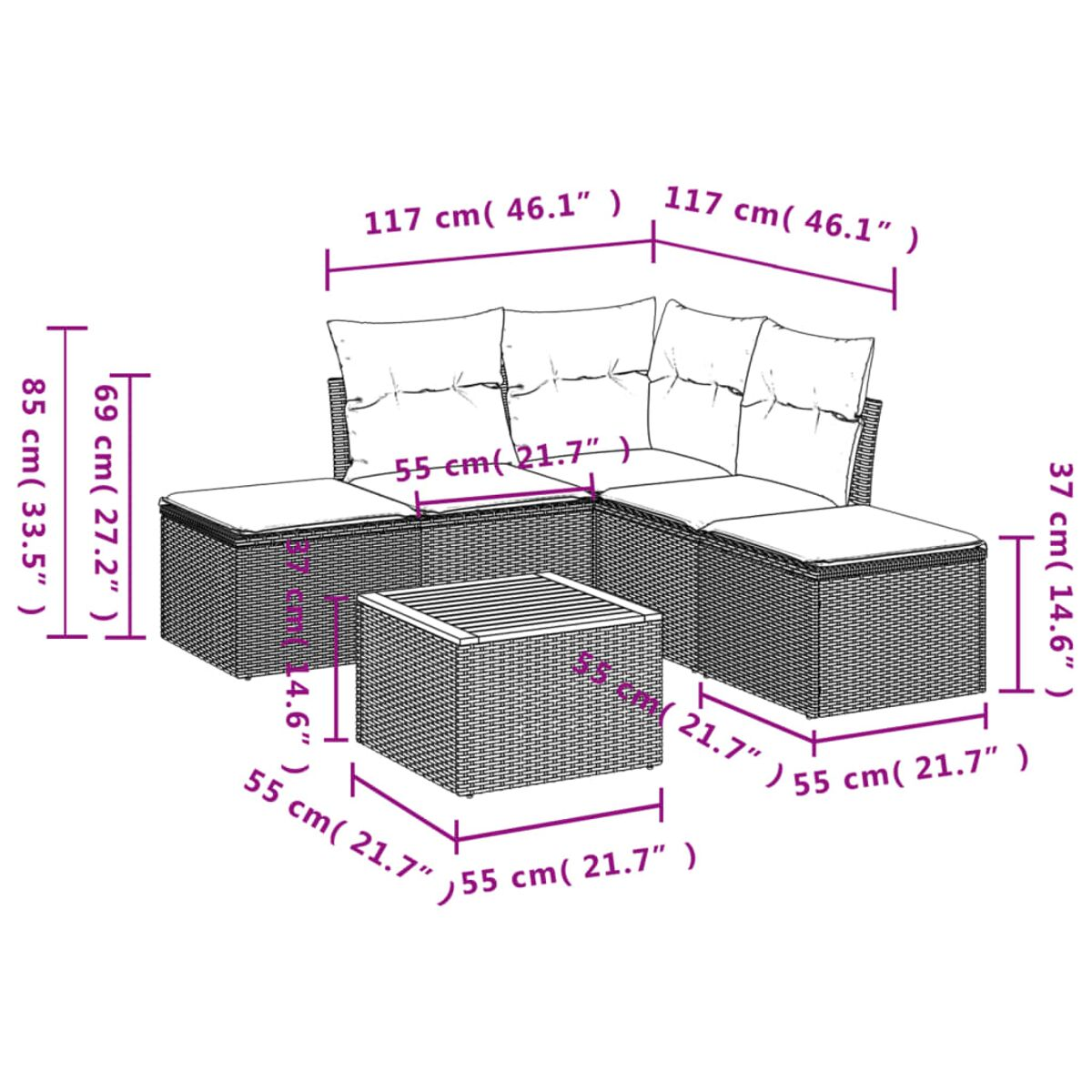 Rattan-Outdoor-Ecksofa mit Kissen, angeordnet mit Abmessungen in Zentimetern.