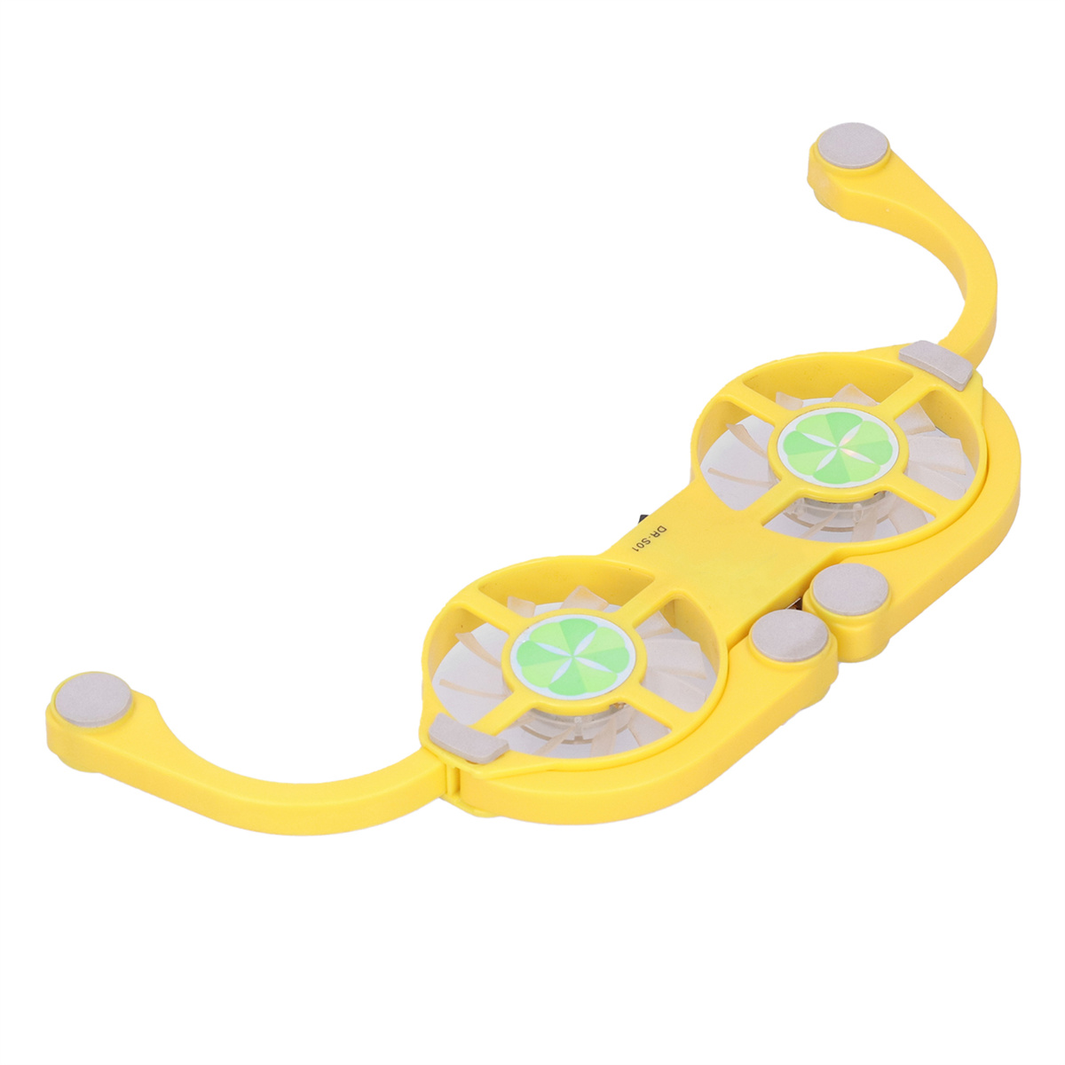 Gelber Nackenventilator mit zwei Lüftern. Der Hintergrund ist weiß.