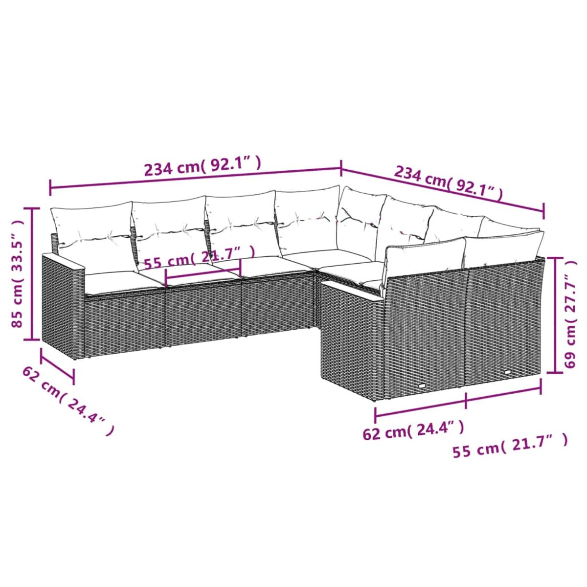 Divano in rattan a forma di L con dimensioni. Cuscini grigi, vimini marrone, misure in cm e pollici.