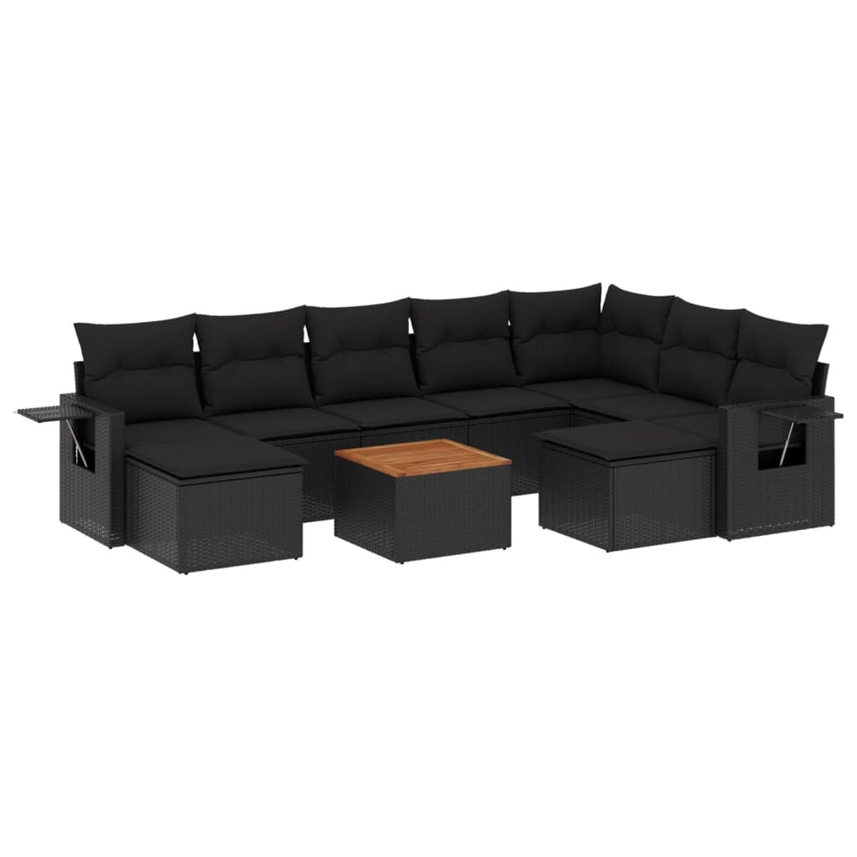 Un grande divano componibile da esterno nero in rattan con un tavolino quadrato in legno.