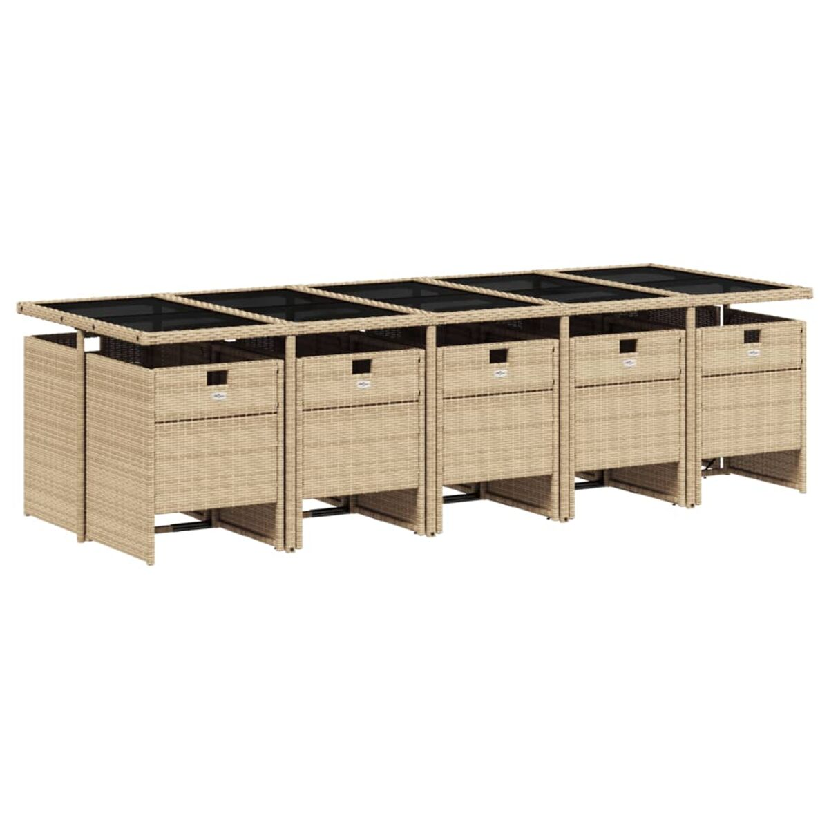 Una serie di unità di stoccaggio in stile rattan beige con ripiani neri, disposte in fila.