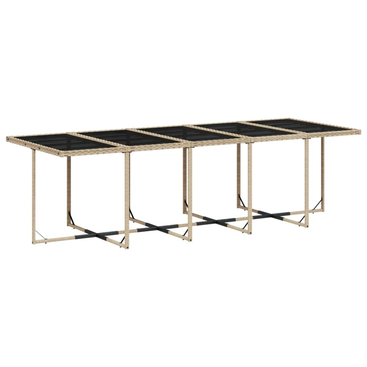 Tavolo lungo da esterno con piano in rete nera e struttura in vimini marrone chiaro, su sfondo bianco.