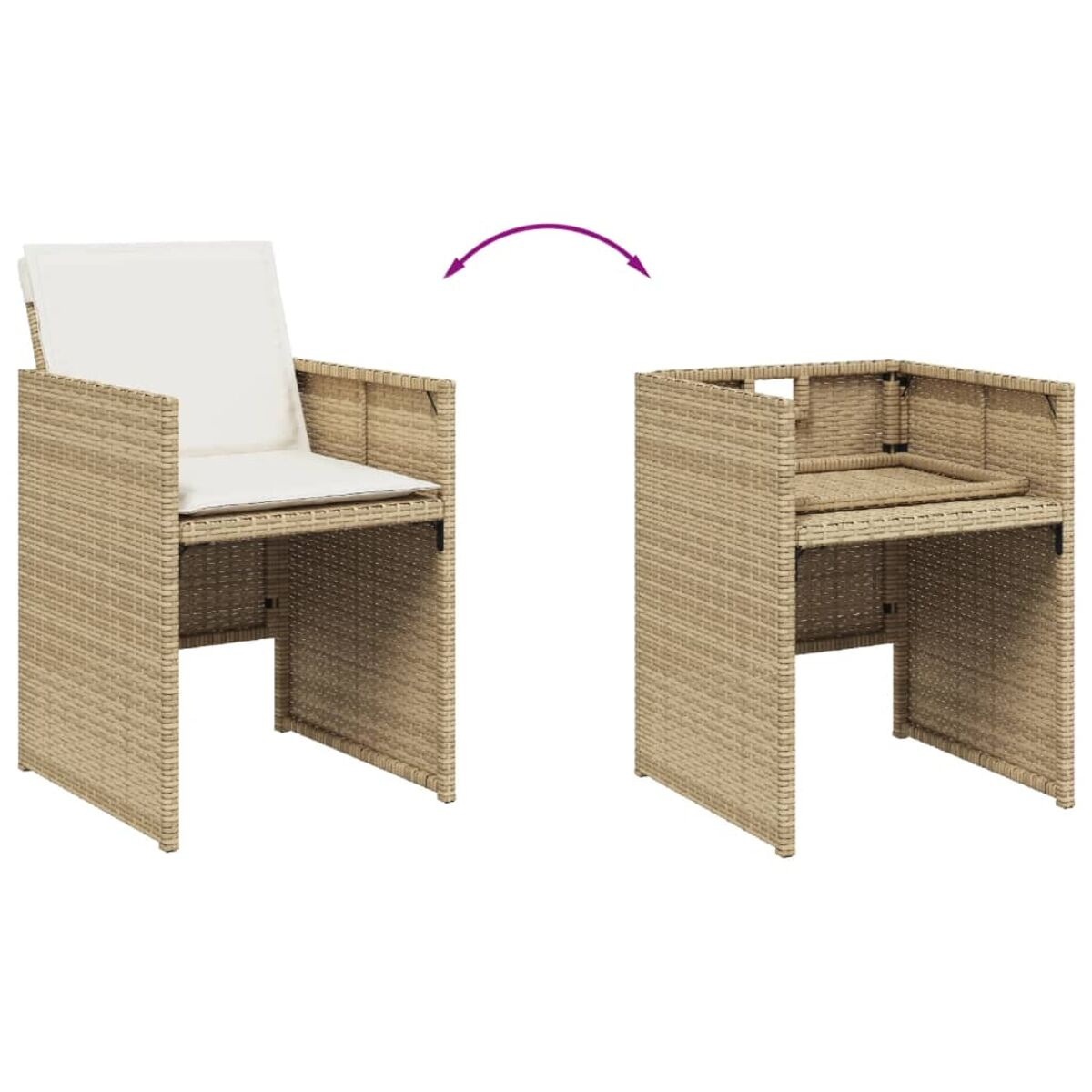 Sedia in vimini che si trasforma in cubo. Vimini beige e cuscino bianco.
