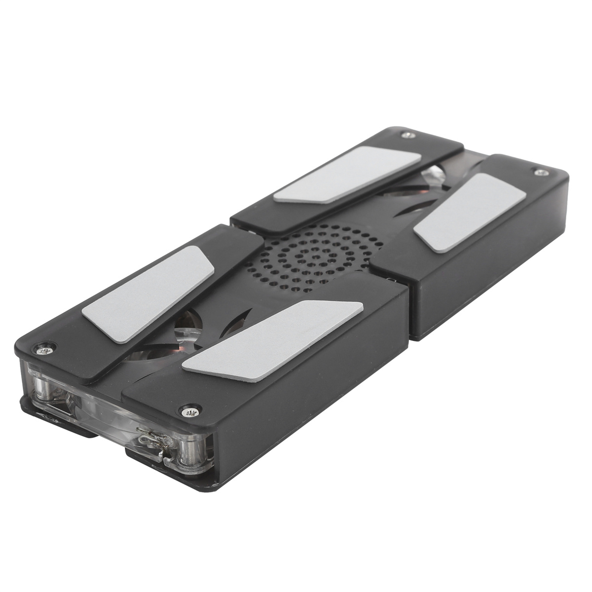 Ein schwarzes, gefaltetes elektronisches Gerät mit silbernen Akzenten. Es ist ein tragbares Gadget.
