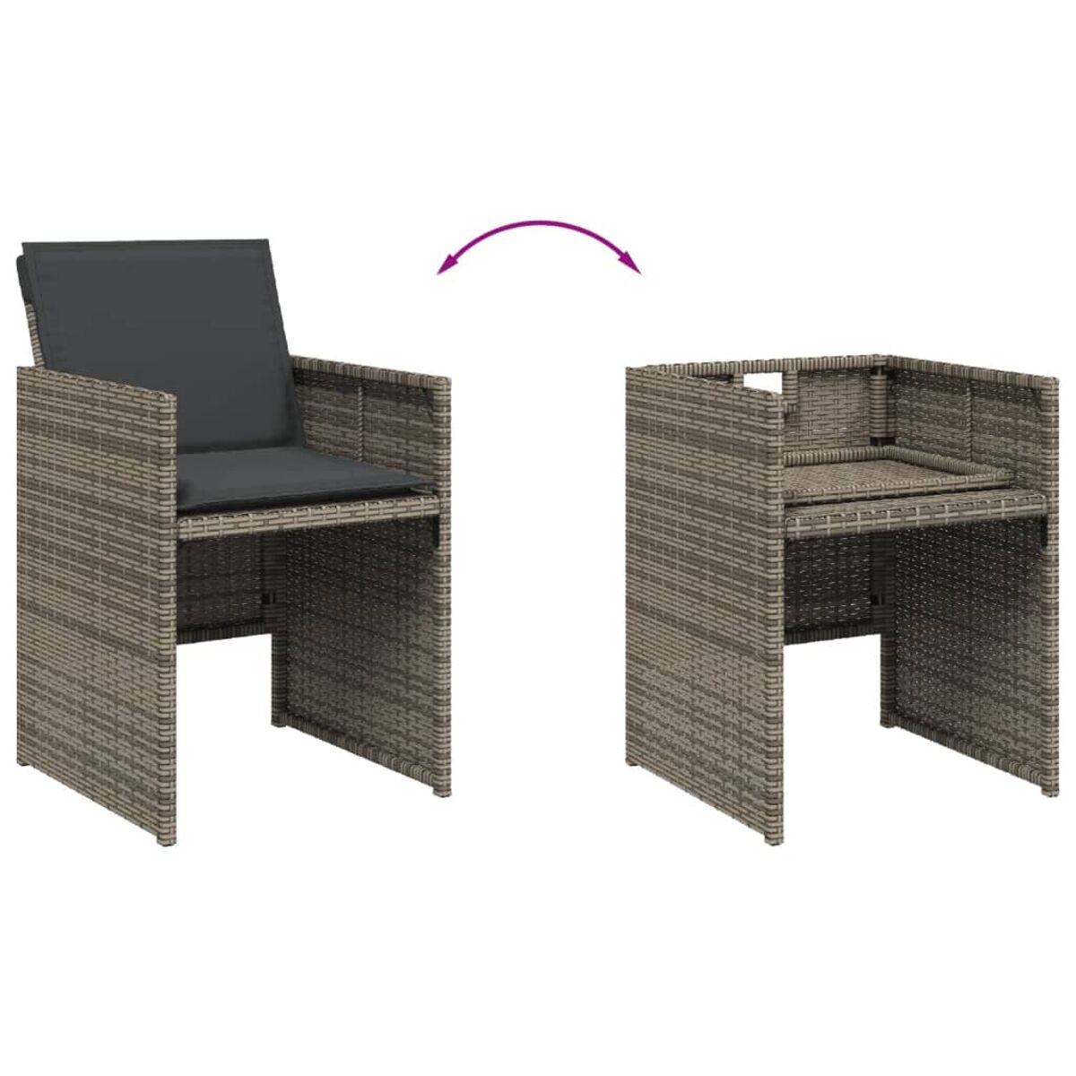 Sedia in vimini con cuscino che si trasforma in un telaio cubico. Una freccia mostra la trasformazione.