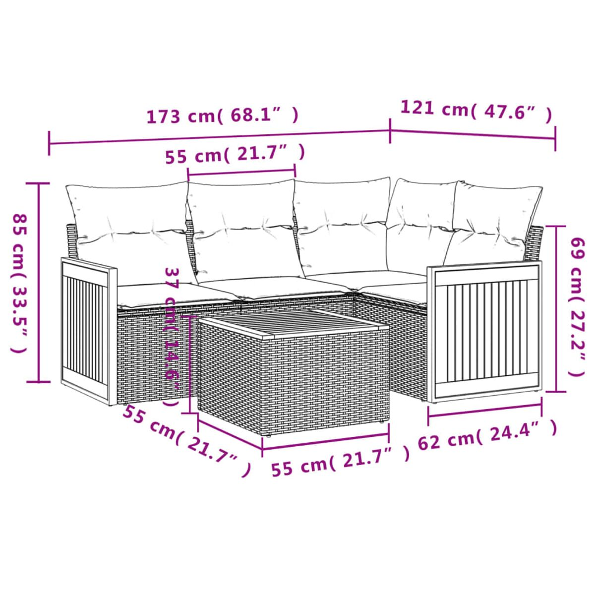 Un divano componibile bianco con dimensioni espresse in centimetri.
