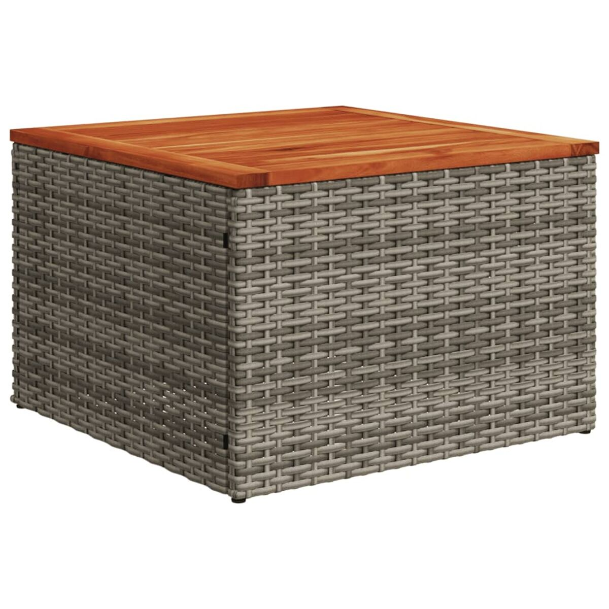 Cubo in vimini grigio con piano in legno. Il cubo ha una forma quadrata. Ha un motivo intrecciato.