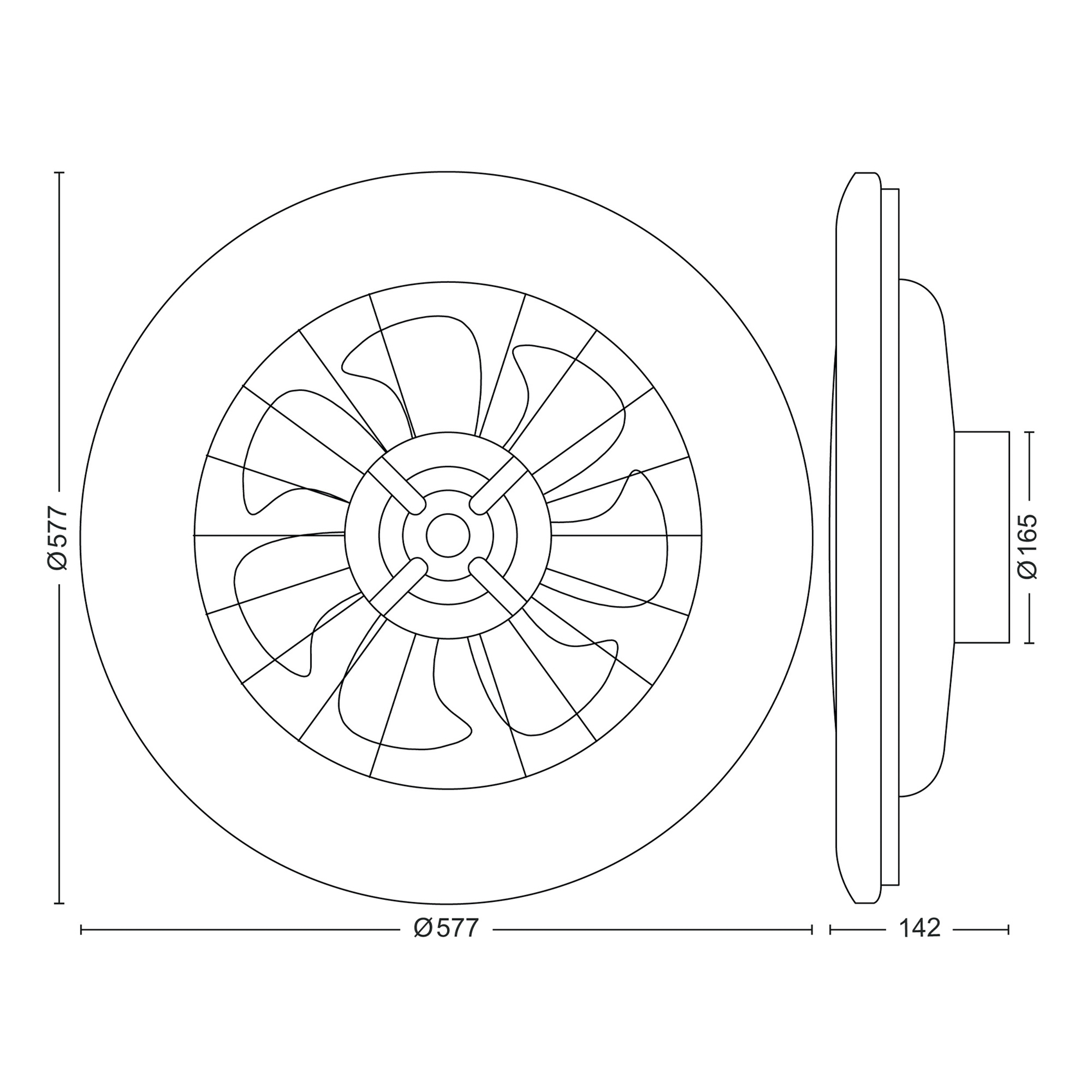 Dessin technique d'un ventilateur circulaire. Montre les dimensions, dont le diamètre et l'épaisseur.