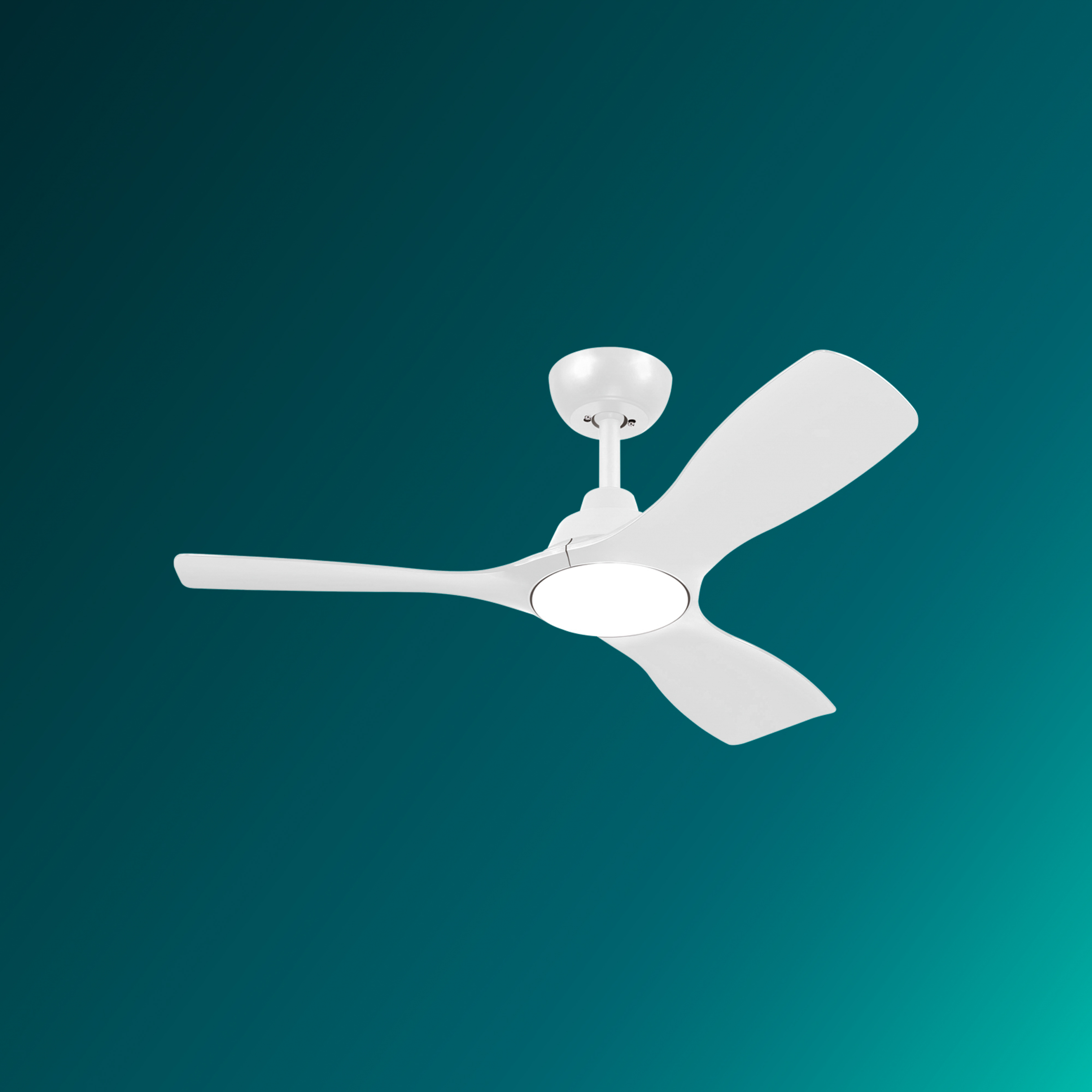 Ventilador de techo blanco con tres aspas sobre un fondo degradado azul-verde.