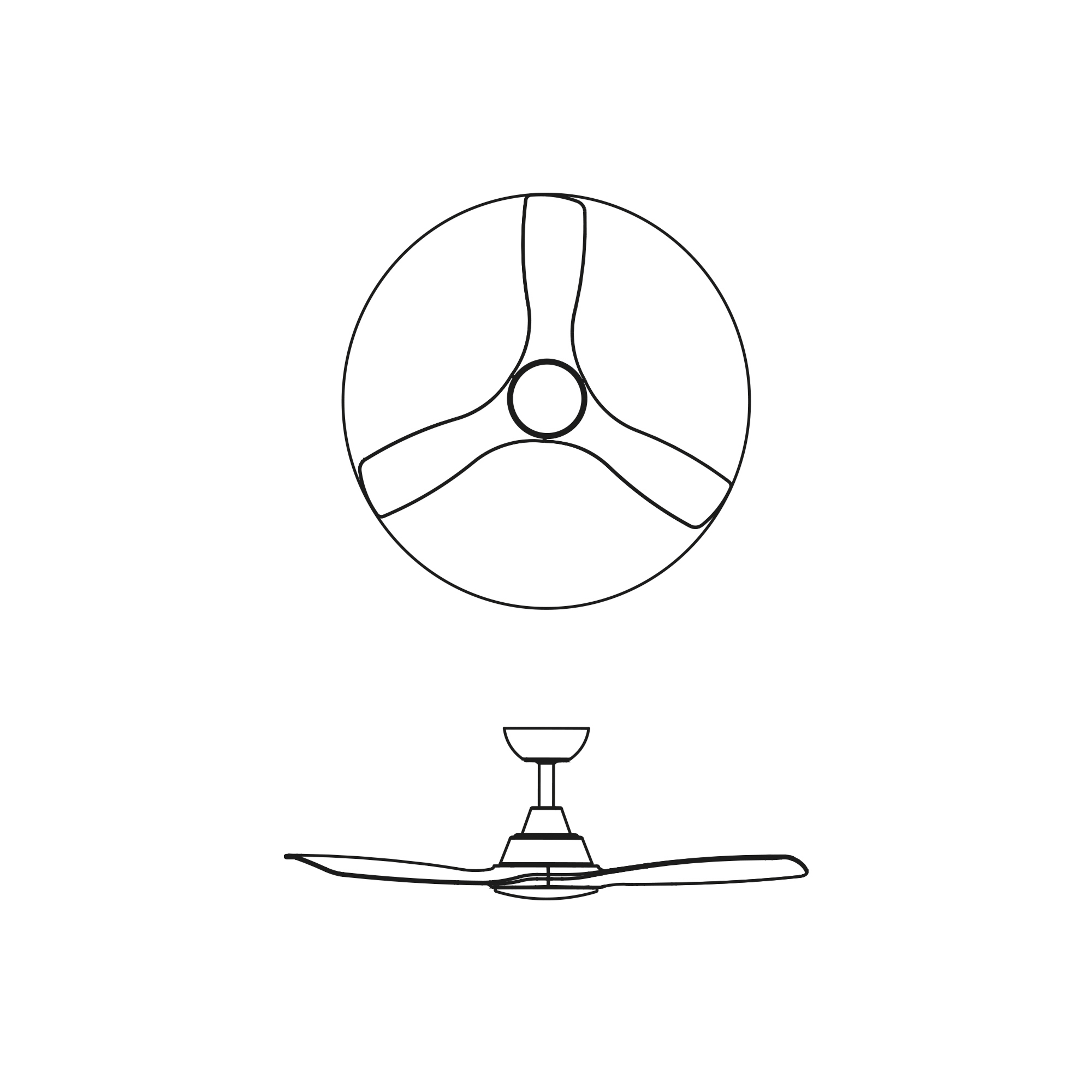 Un dibujo lineal muestra un ventilador de techo desde arriba y desde un lado.