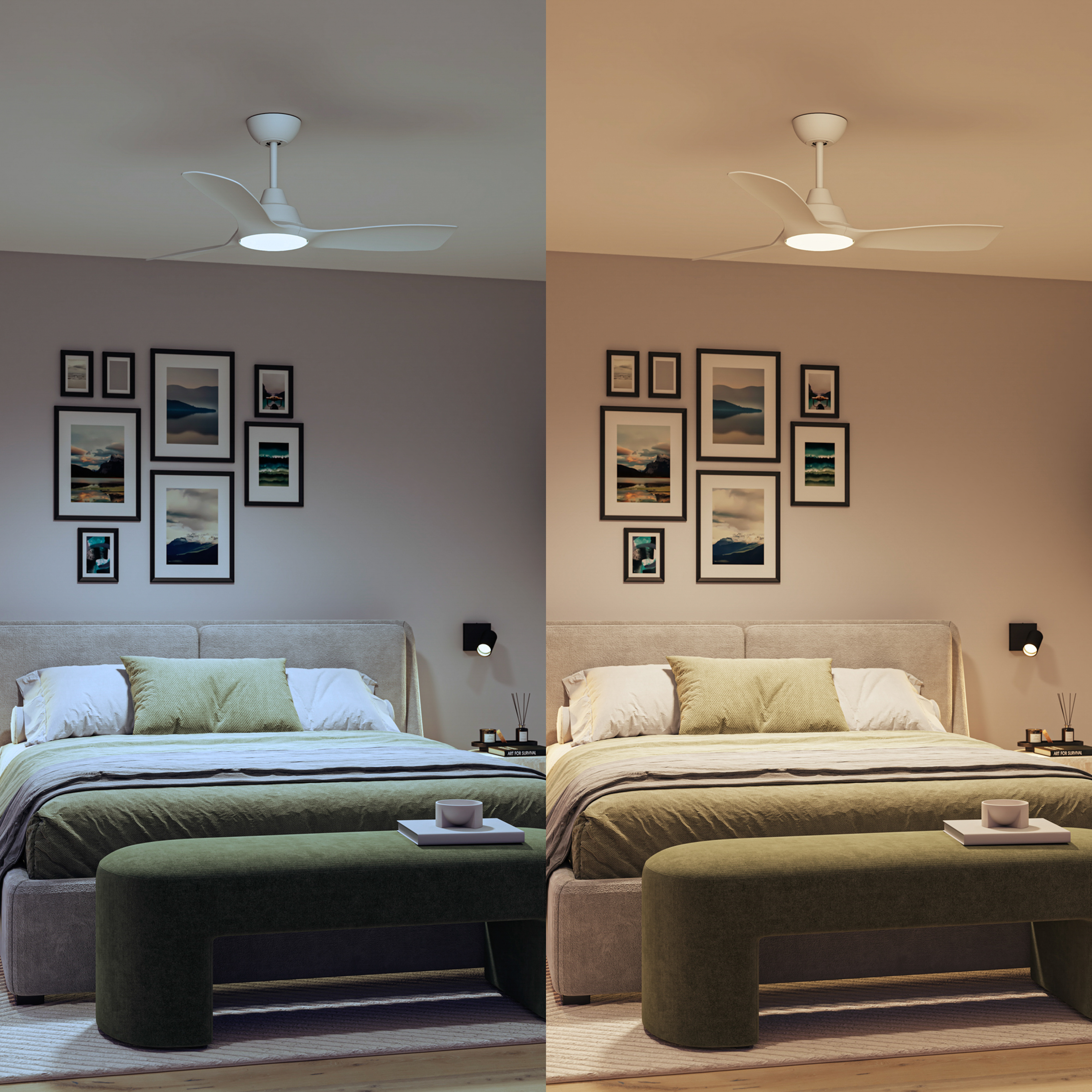 Un dormitorio que muestra dos configuraciones de iluminación. Un lado es luz fría, el otro cálida. Dos fotos enmarcadas.