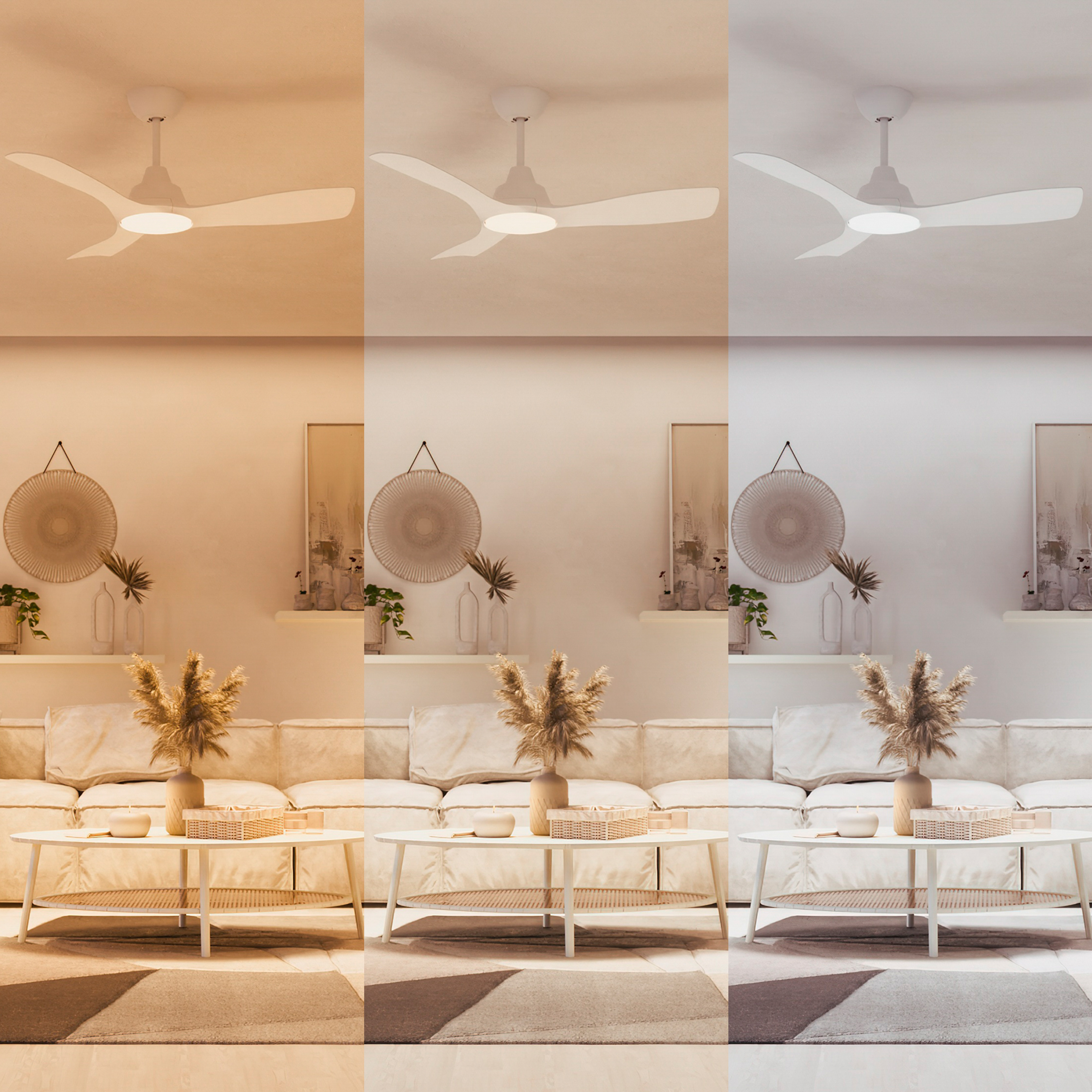 Tres escenas de una habitación con diferentes temperaturas de luz. Ventilador de techo y muebles presentes.