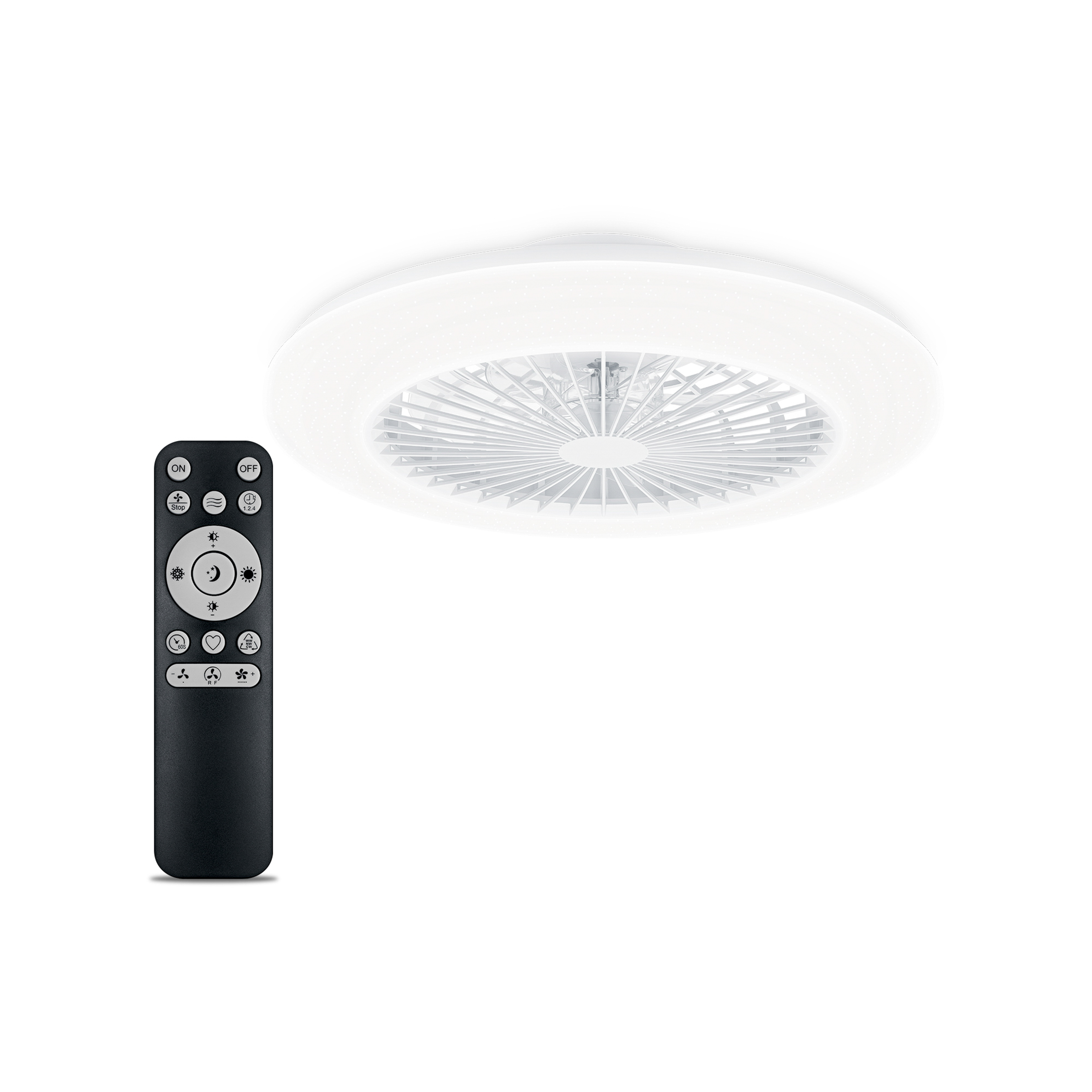 Un ventilateur de plafond blanc avec une télécommande sur fond blanc.