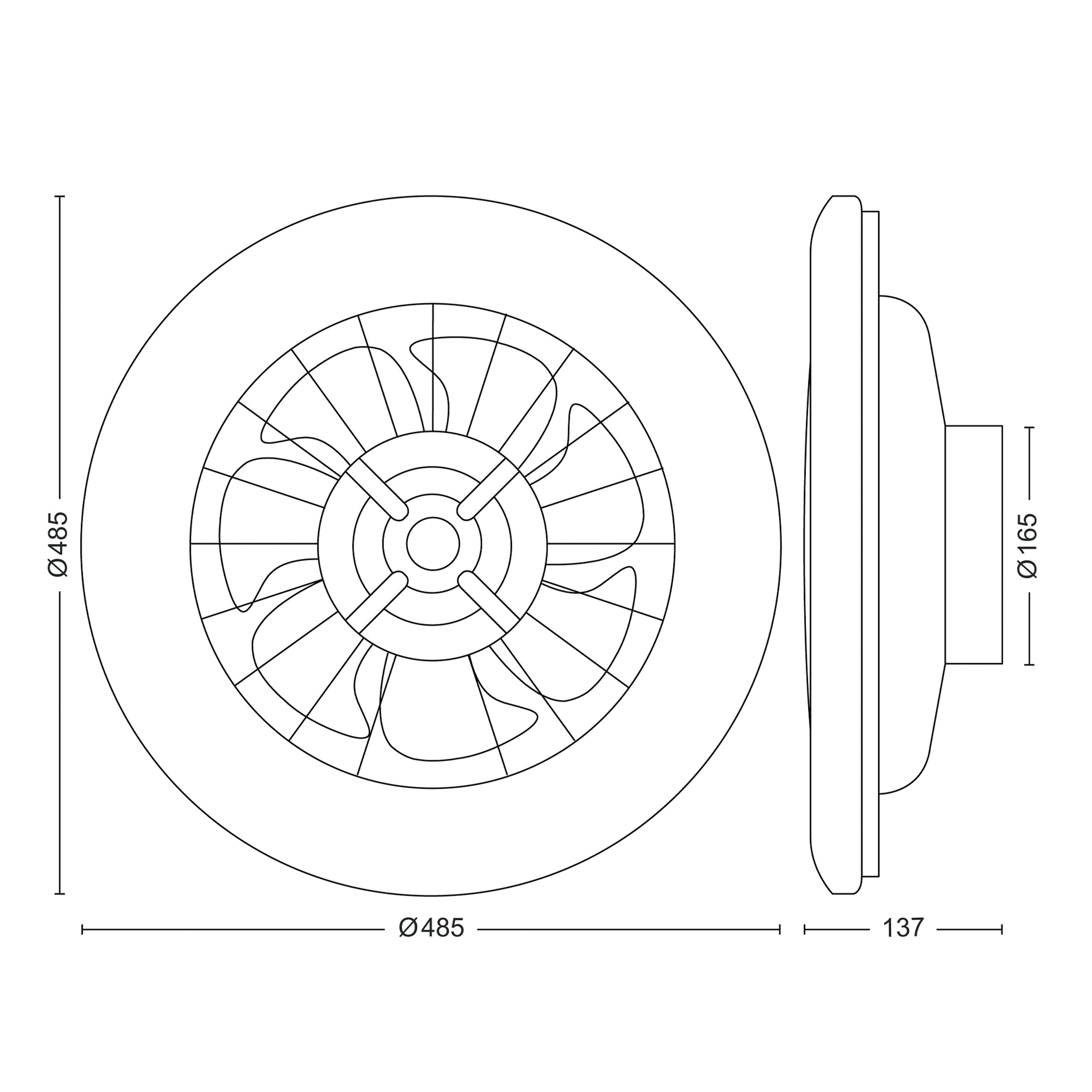 Dessin technique d'une bouche d'aération circulaire. Vues avant et latérale avec dimensions en millimètres.