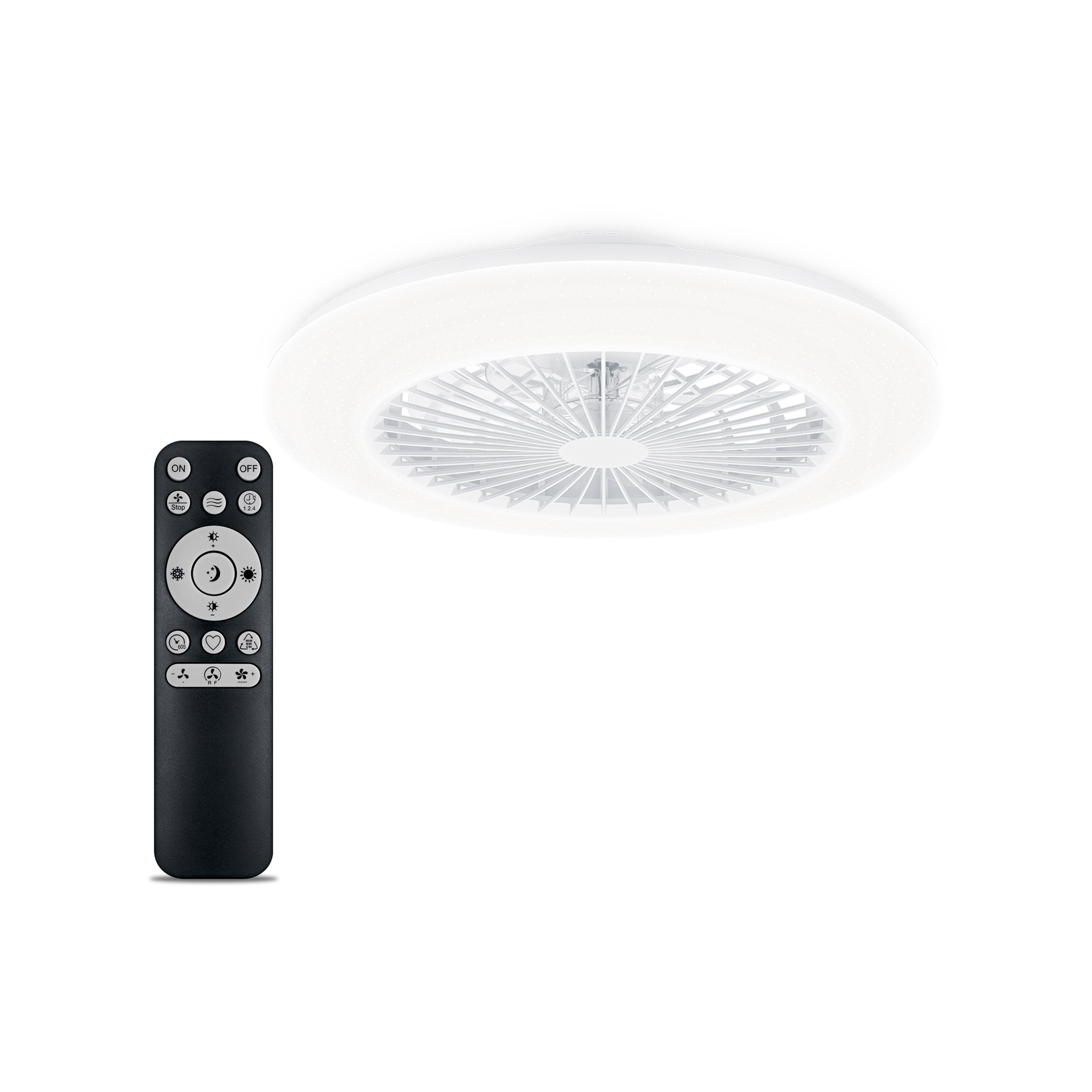 White ceiling fan with remote. Blades visible. White background.