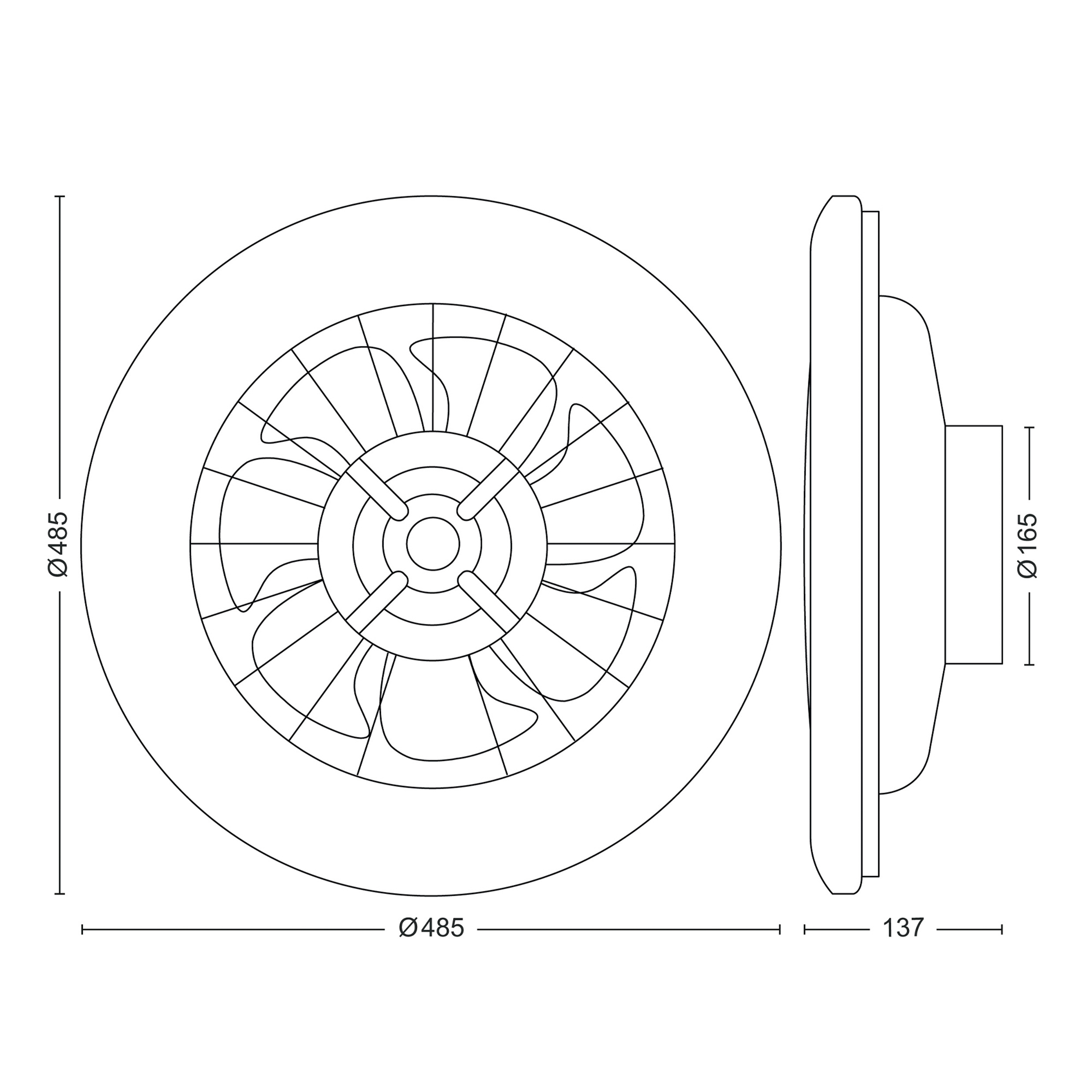 Technical drawing of a round fan, showing front and side views with dimensions.