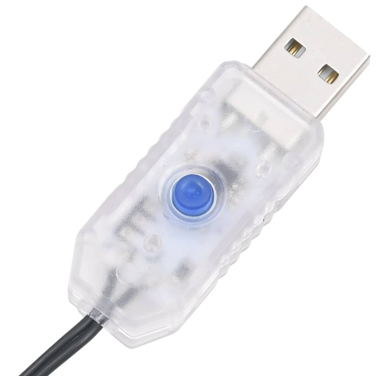 USB-zu-DC-Netzadapter mit blauem Knopf.