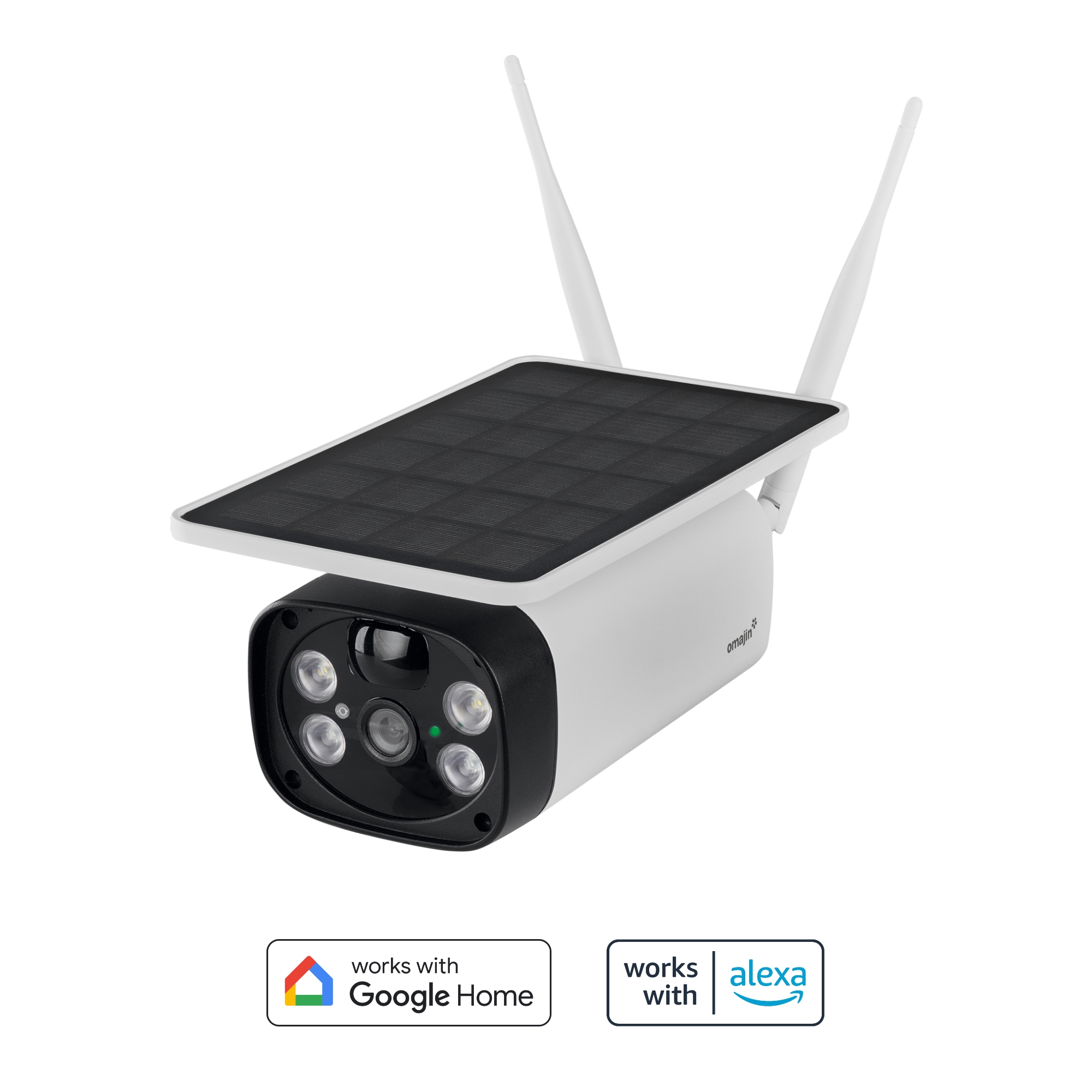 Cámara de seguridad blanca con panel solar y dos antenas. Funciona con Google Home y Alexa.